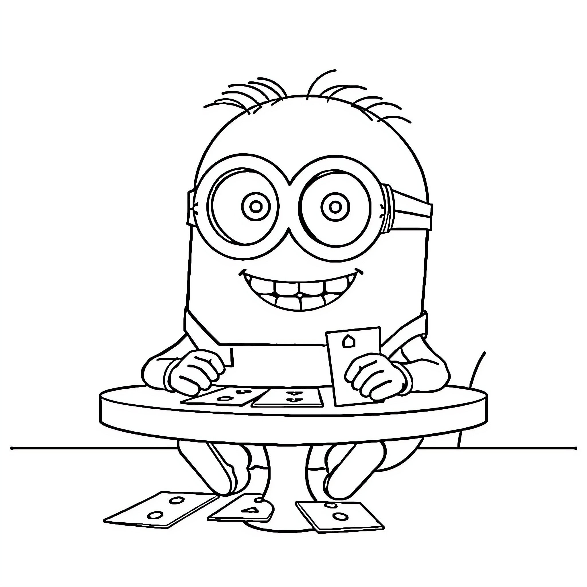 Minion playing happily with playing cards Coloring Page (free black-and-white line drawing printable PDF for all, from beginners to advanced learners, including children, teens, adults, and seniors)
