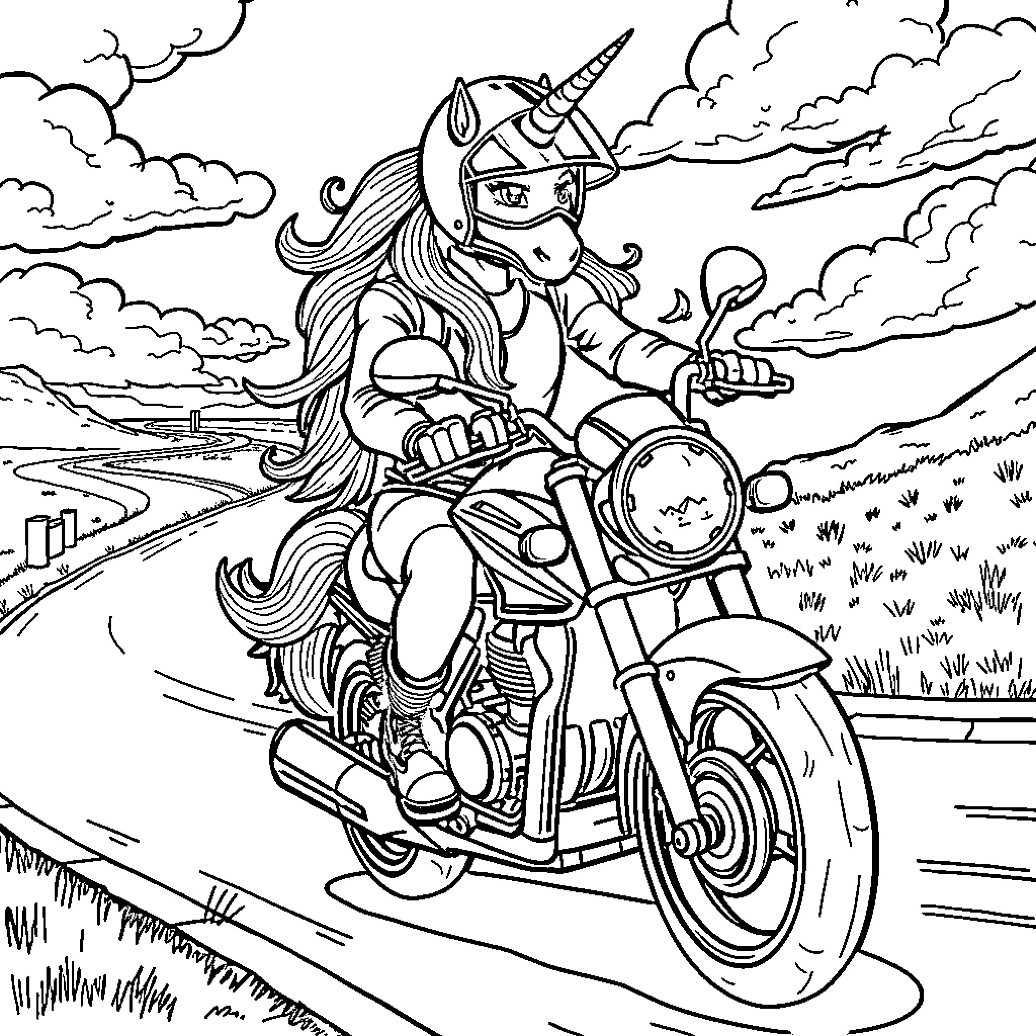 Unicorn riding a motorcycle through the countryside Coloring Page (free black-and-white line drawing printable PDF for all, from beginners to advanced learners, including children, teens, adults, and seniors)