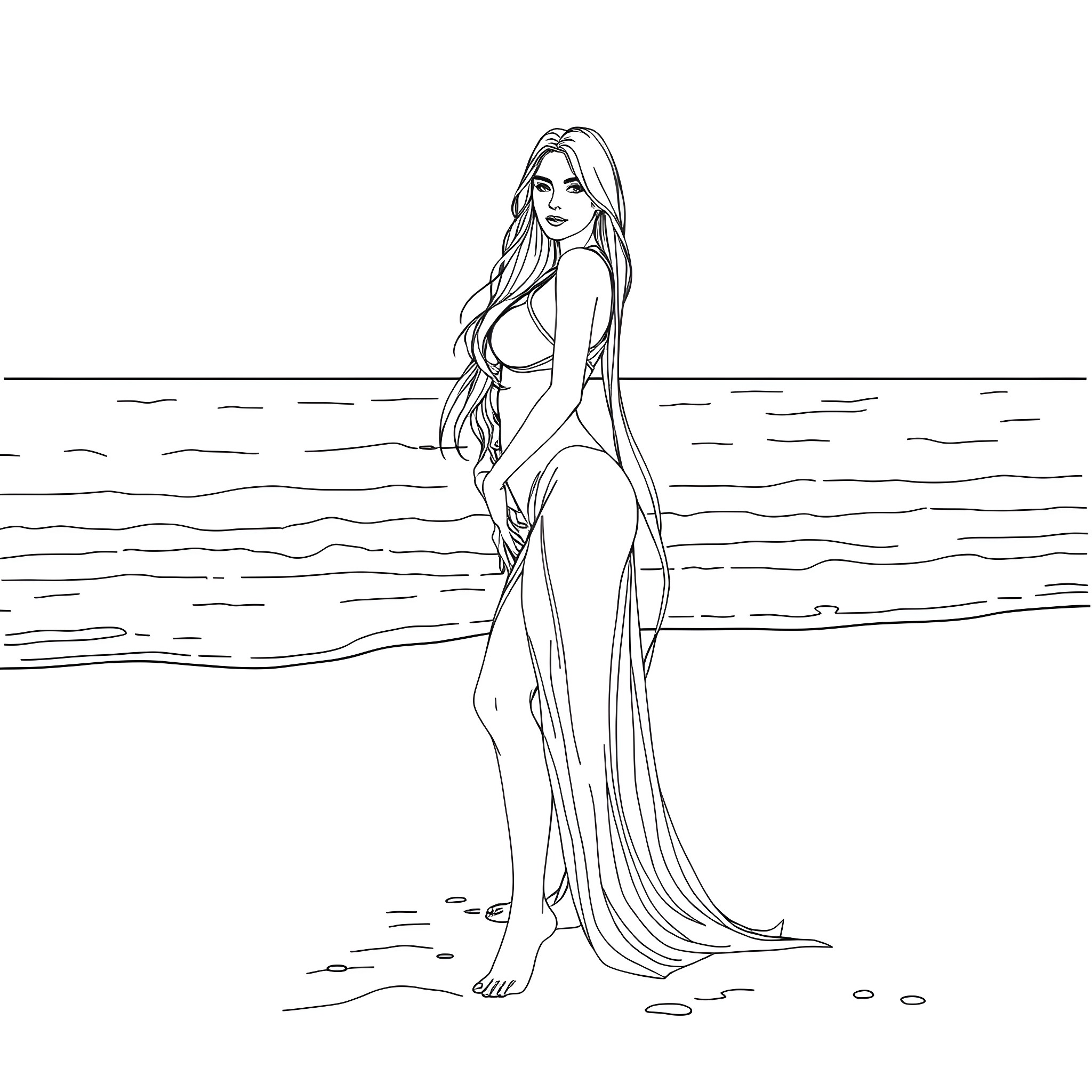 Woman in flowing dress by the ocean Coloring Page (free black-and-white line drawing printable PDF for all, from beginners to advanced learners, including children, teens, adults, and seniors)