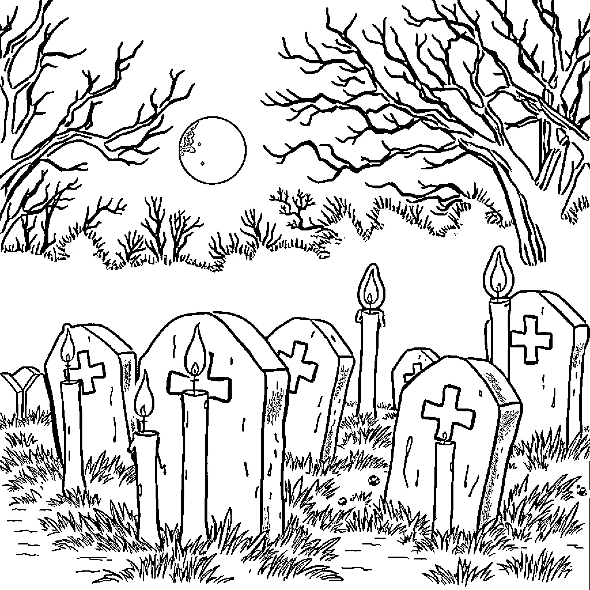 Candle lit among gravestones in a haunting night landscape Coloring Page (free black-and-white line drawing printable PDF for all, from beginners to advanced learners, including children, teens, adults, and seniors)