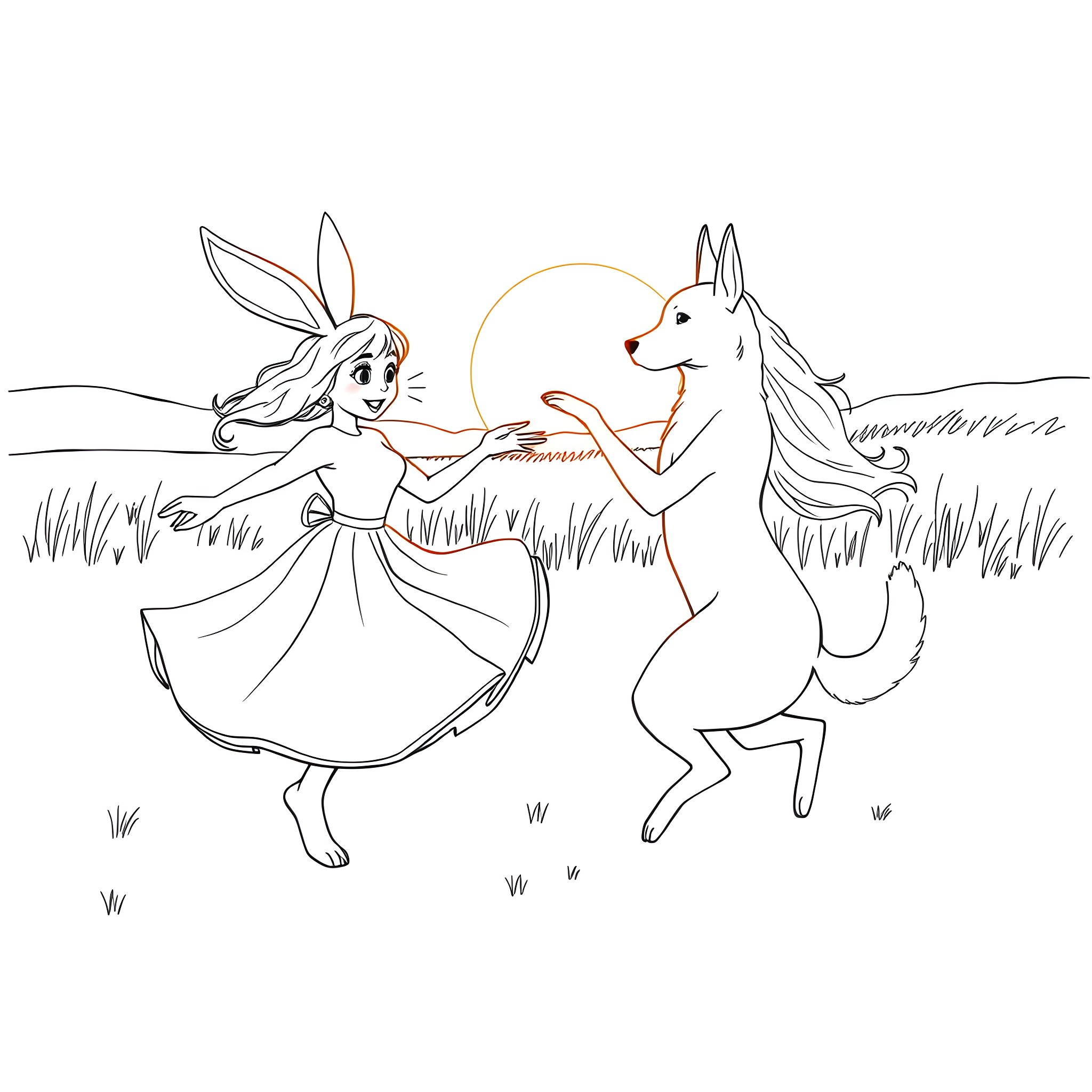 Rabbit siblings dancing in the meadow Coloring Page (free black-and-white line drawing printable PDF for all, from beginners to advanced learners, including children, teens, adults, and seniors)