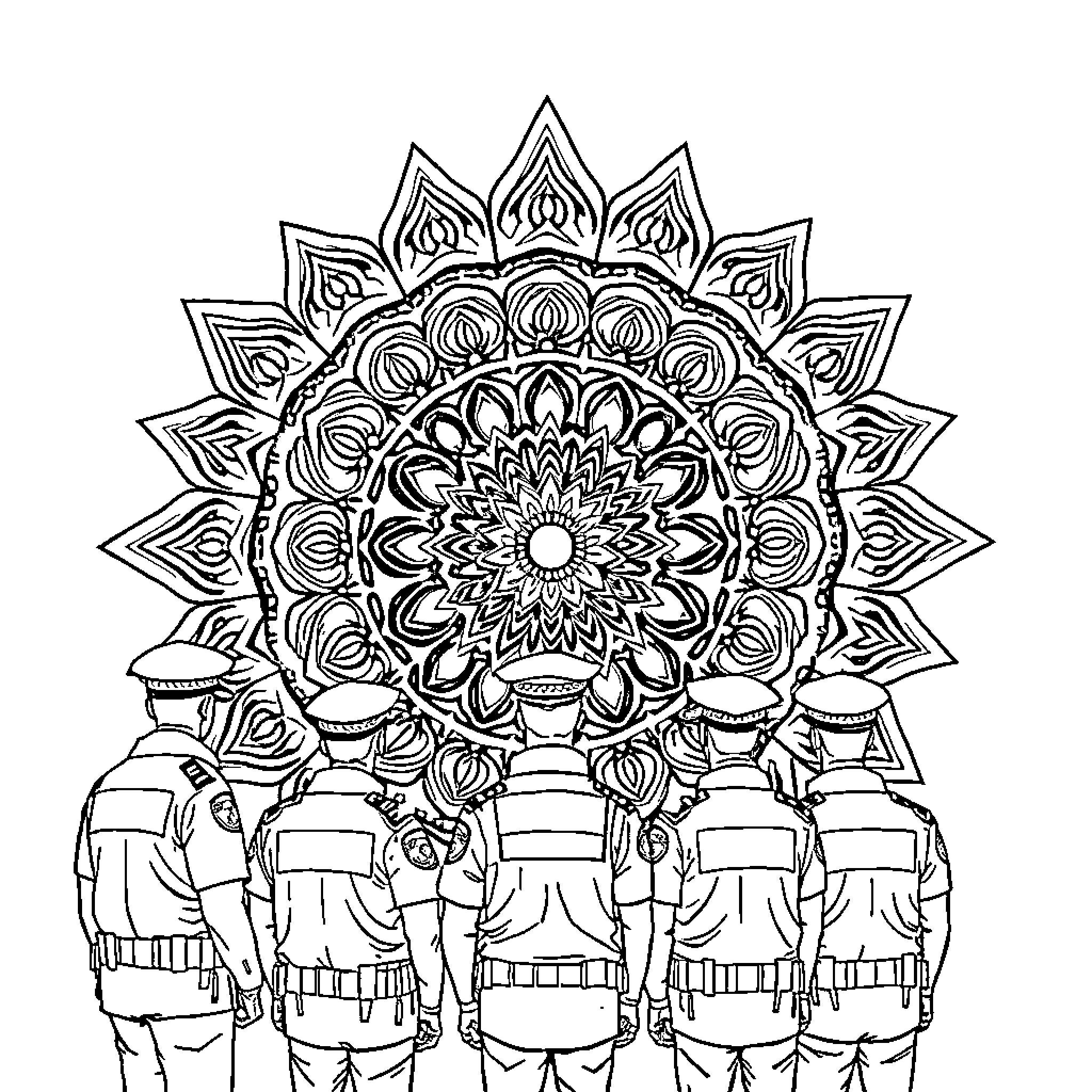 Police officers stand before ornate mandala background Coloring Page (free black-and-white line drawing printable PDF for all, from beginners to advanced learners, including children, teens, adults, and seniors)