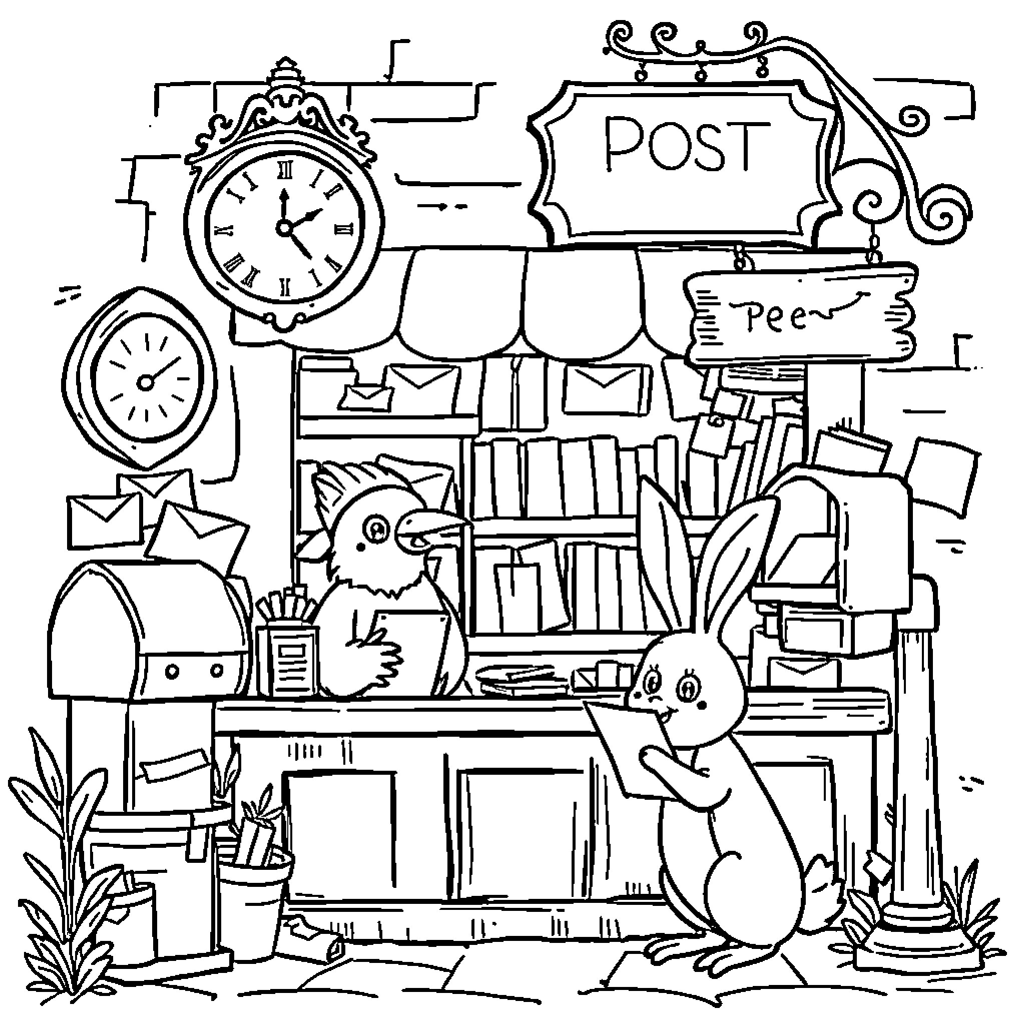 Post Shop with Busy Scene and Clock Coloring Page (free black-and-white line drawing printable PDF for all, from beginners to advanced learners, including children, teens, adults, and seniors)