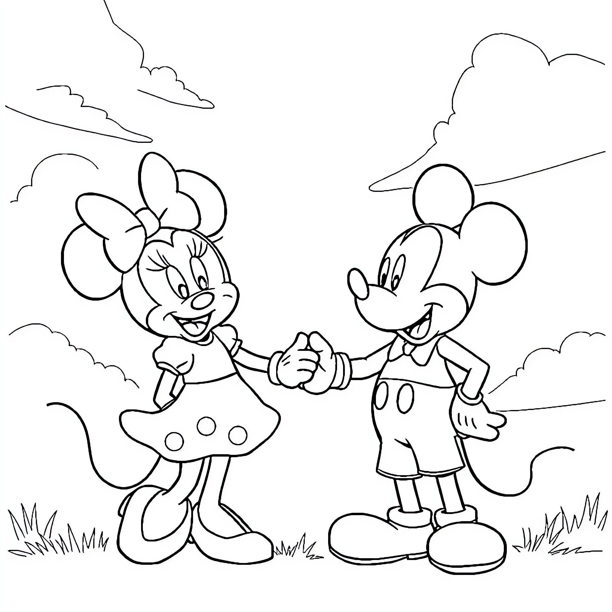 Mickey Mouse and Minnie Mouse holding hands in the park Coloring Page (free black-and-white line drawing printable PDF for all, from beginners to advanced learners, including children, teens, adults, and seniors)