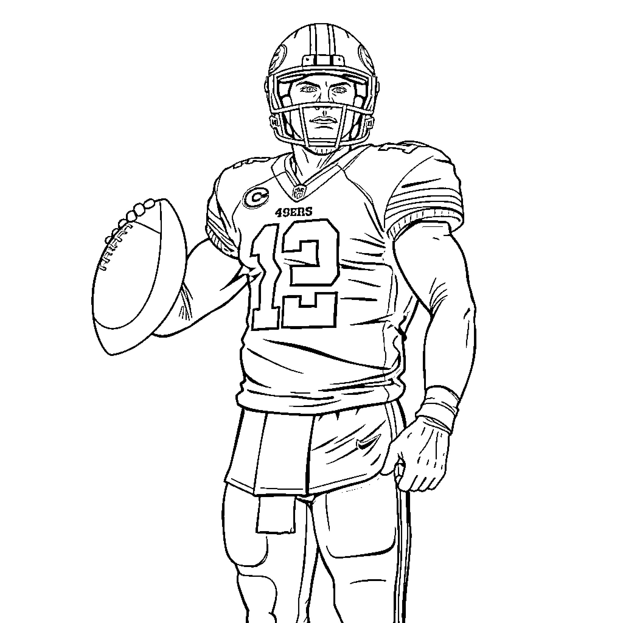 Brock Purdy, NFL Football Player in Uniform Coloring Page (free black-and-white line drawing printable PDF for all, from beginners to advanced learners, including children, teens, adults, and seniors)
