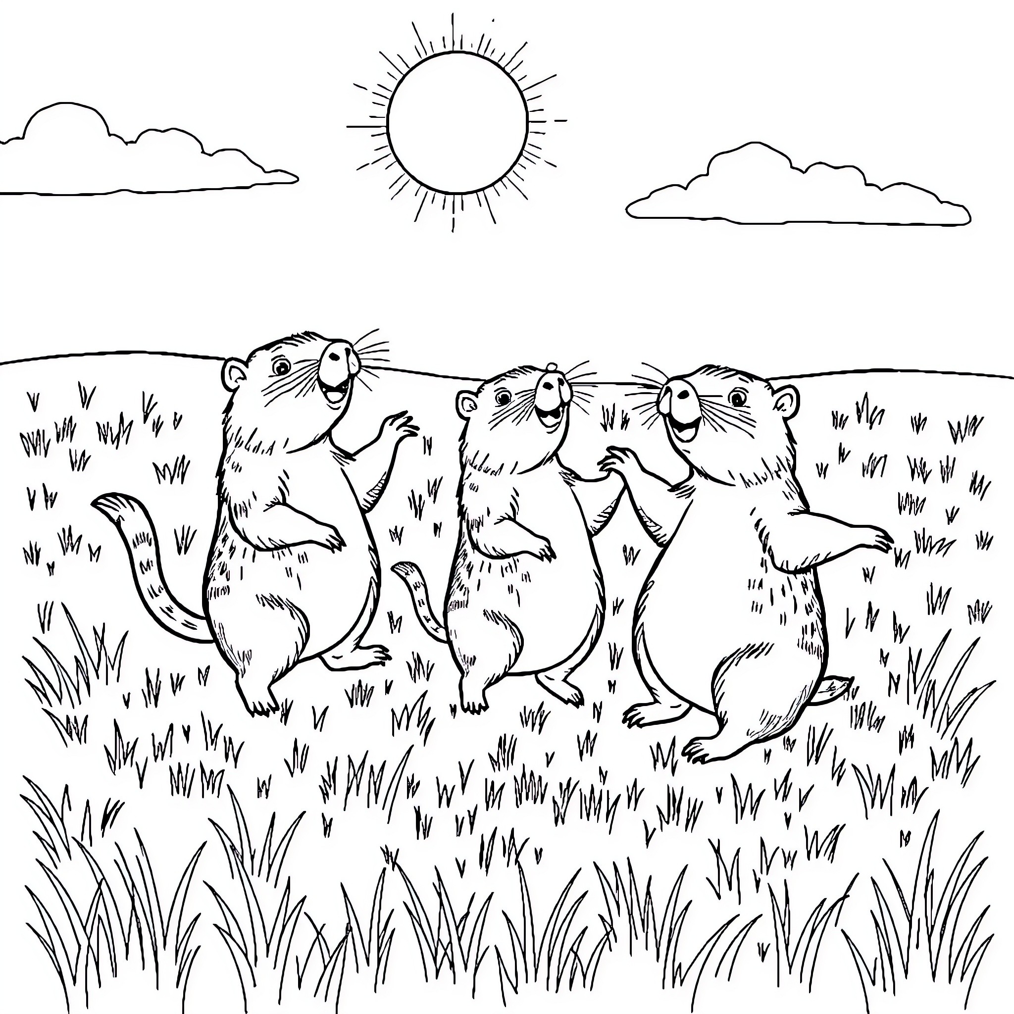 Capybara enjoying a sunny day in the field Coloring Page (free black-and-white line drawing printable PDF for all, from beginners to advanced learners, including children, teens, adults, and seniors)