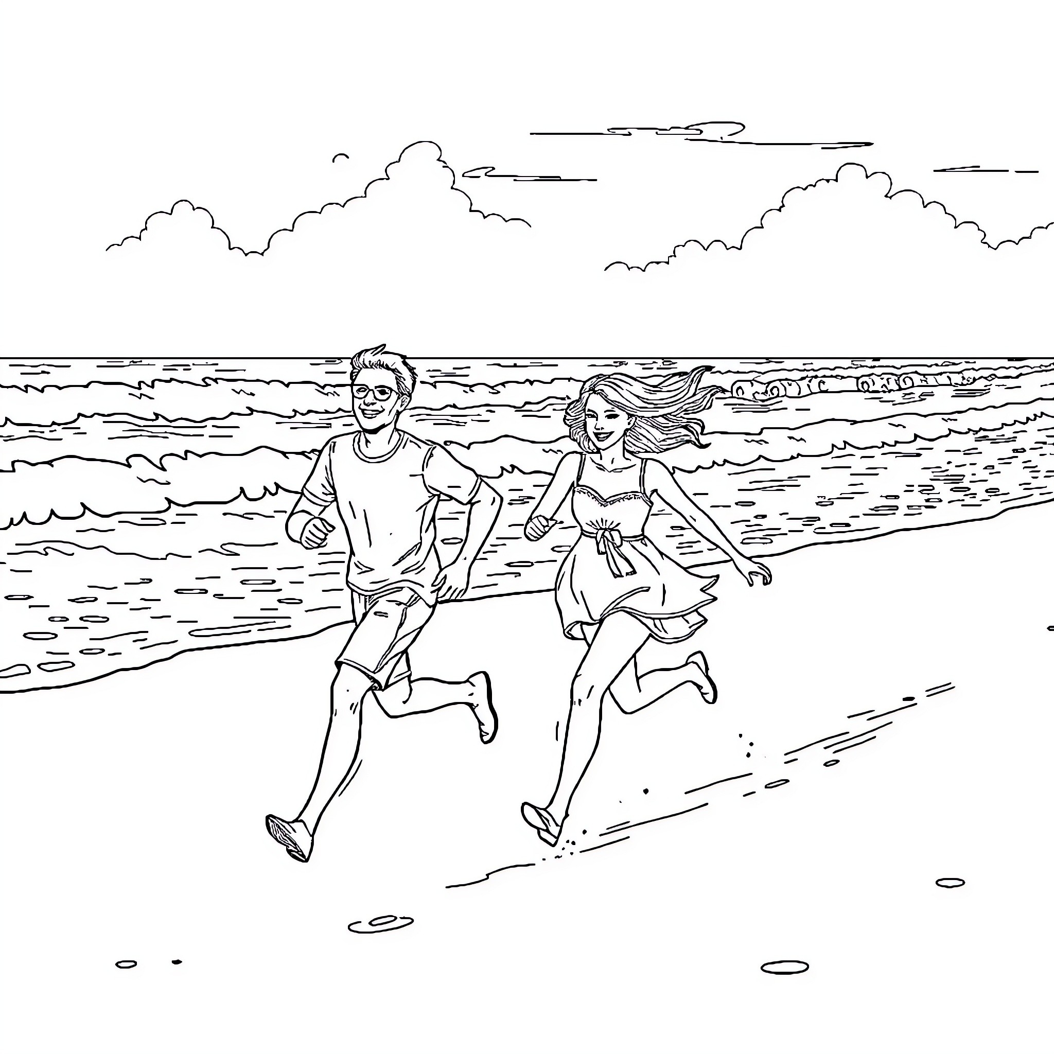 Man and Woman Running Joyfully on the Beach Coloring Page (free black-and-white line drawing printable PDF for all, from beginners to advanced learners, including children, teens, adults, and seniors)