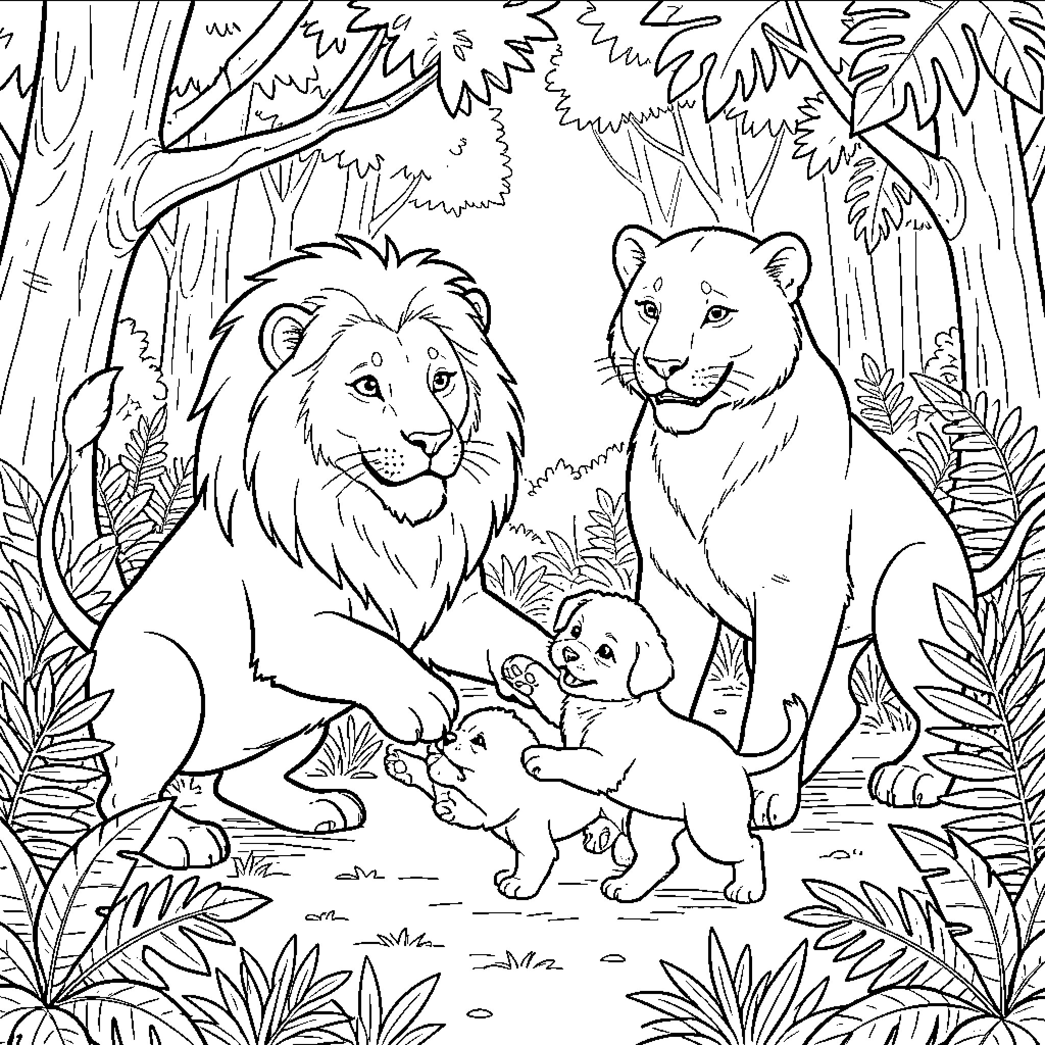 Lion family in the wild jungle Coloring Page (free black-and-white line drawing printable PDF for all, from beginners to advanced learners, including children, teens, adults, and seniors)