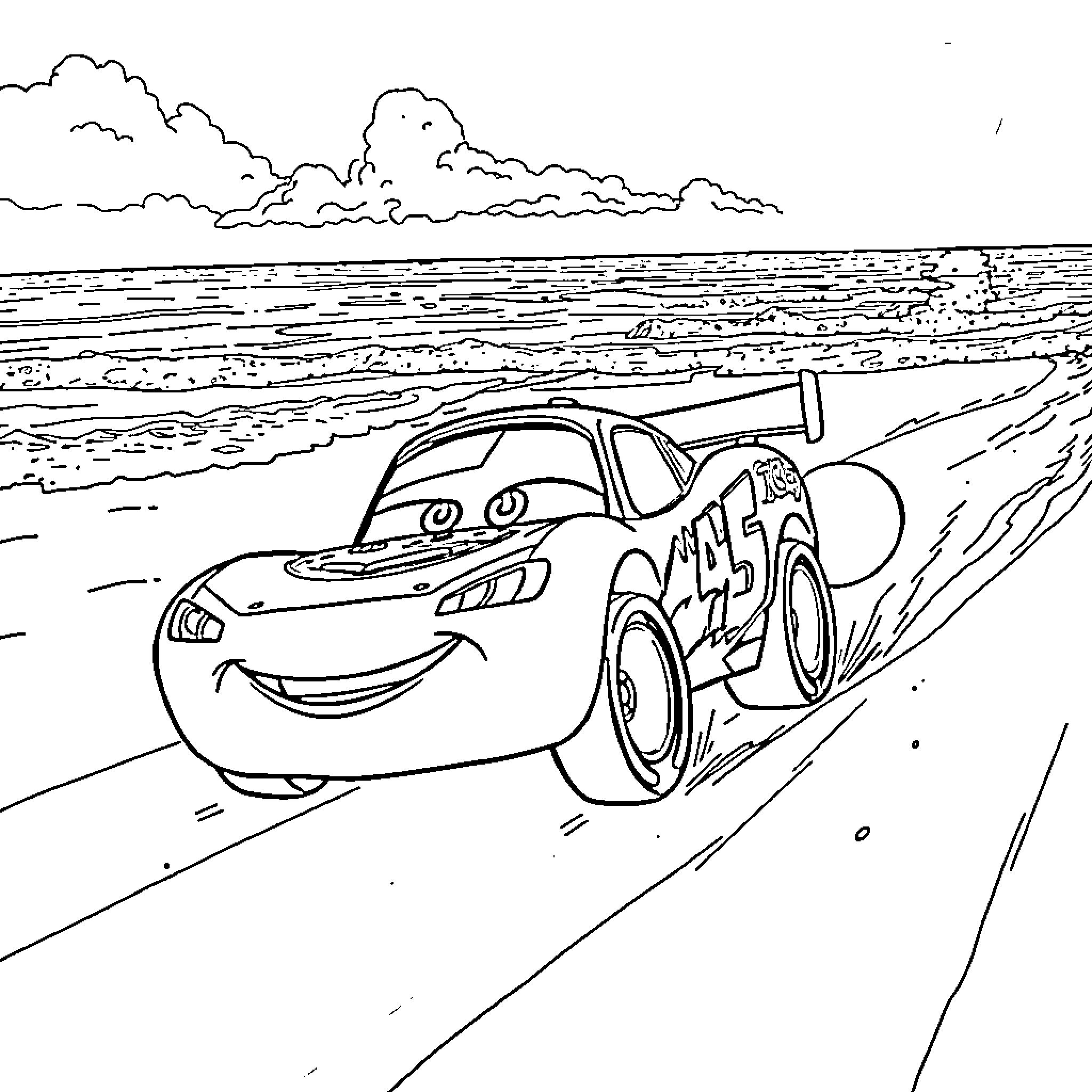 Lightning McQueen racing on the open road Coloring Page (free black-and-white line drawing printable PDF for all, from beginners to advanced learners, including children, teens, adults, and seniors)