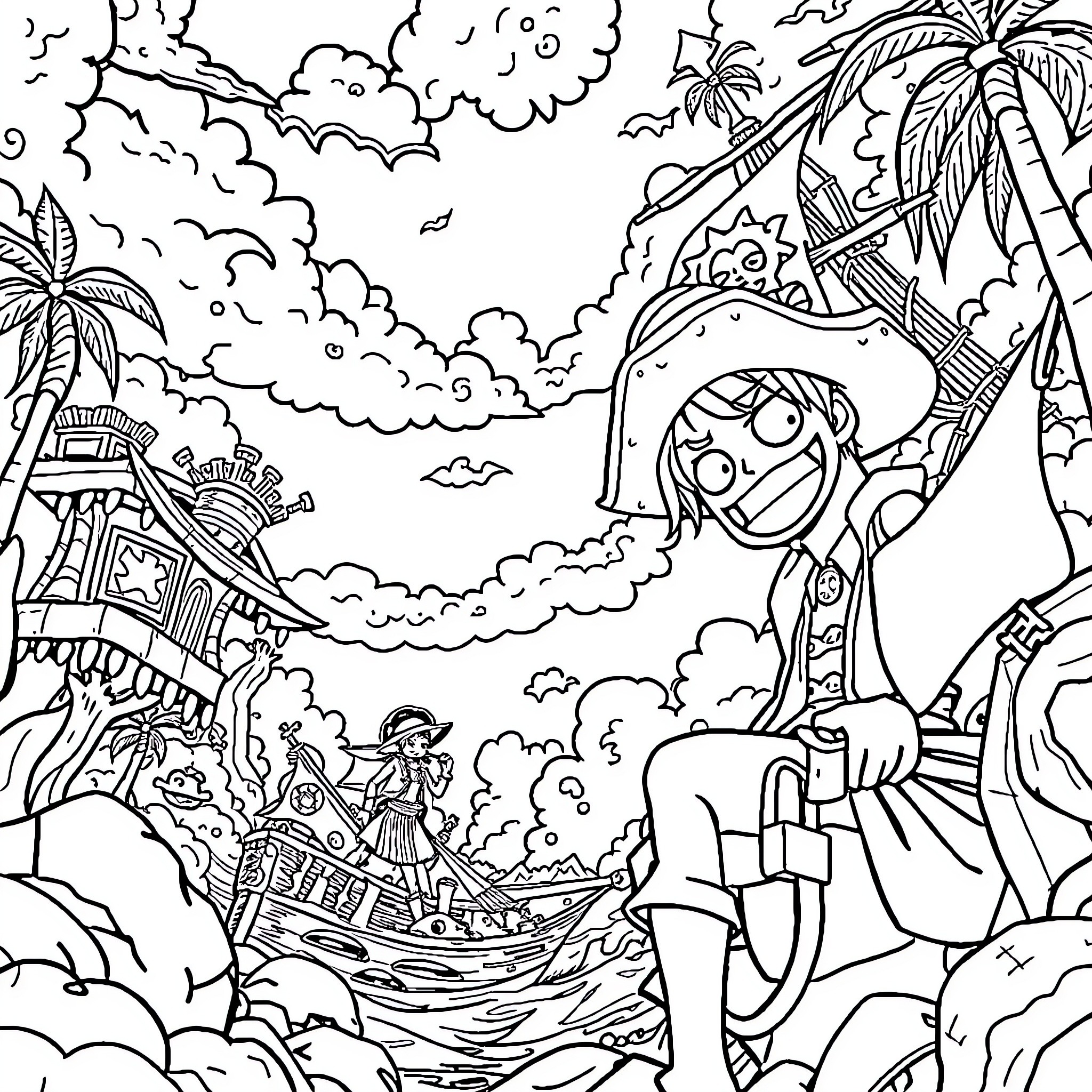 One Piece Straw Hat Pirates on a Tropical Adventure Coloring Page (free black-and-white line drawing printable PDF for all, from beginners to advanced learners, including children, teens, adults, and seniors)