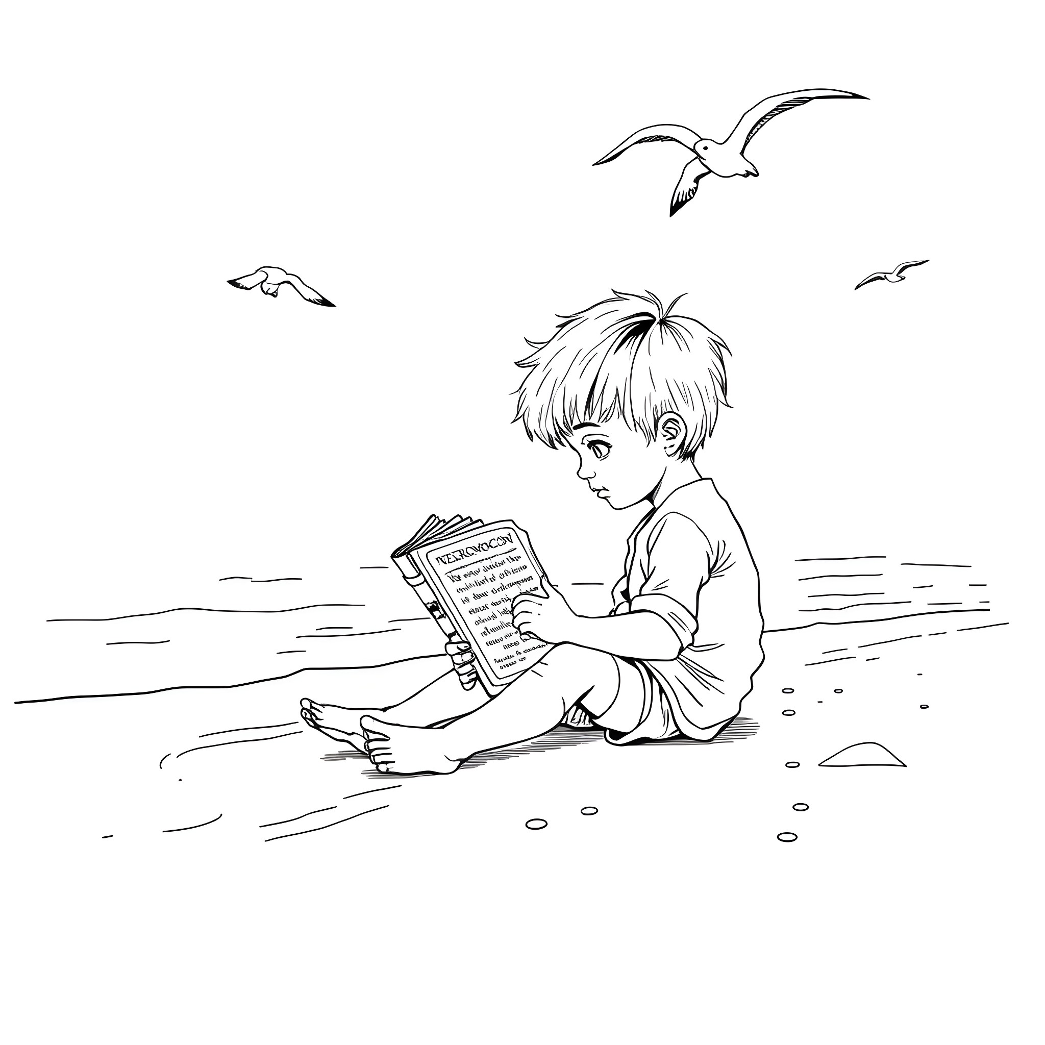 Kid reading book alone on the beach Coloring Page (free black-and-white line drawing printable PDF for all, from beginners to advanced learners, including children, teens, adults, and seniors)