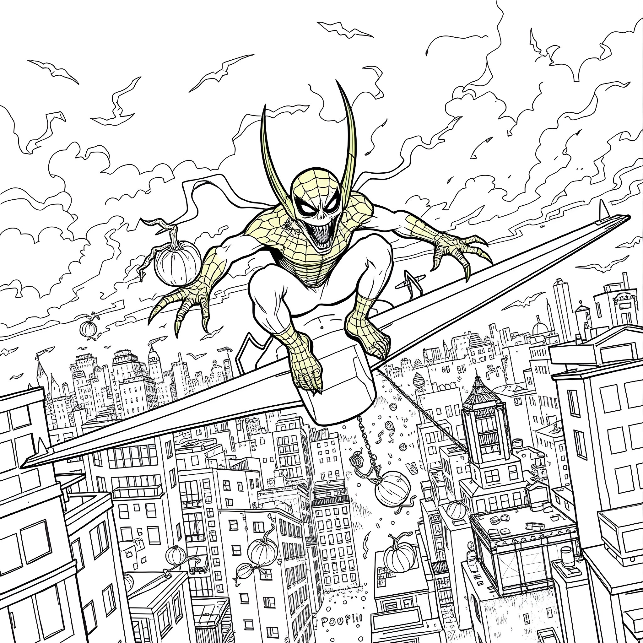 Green Goblin Terrorizing the City in the Sky Coloring Page (free black-and-white line drawing printable PDF for all, from beginners to advanced learners, including children, teens, adults, and seniors)