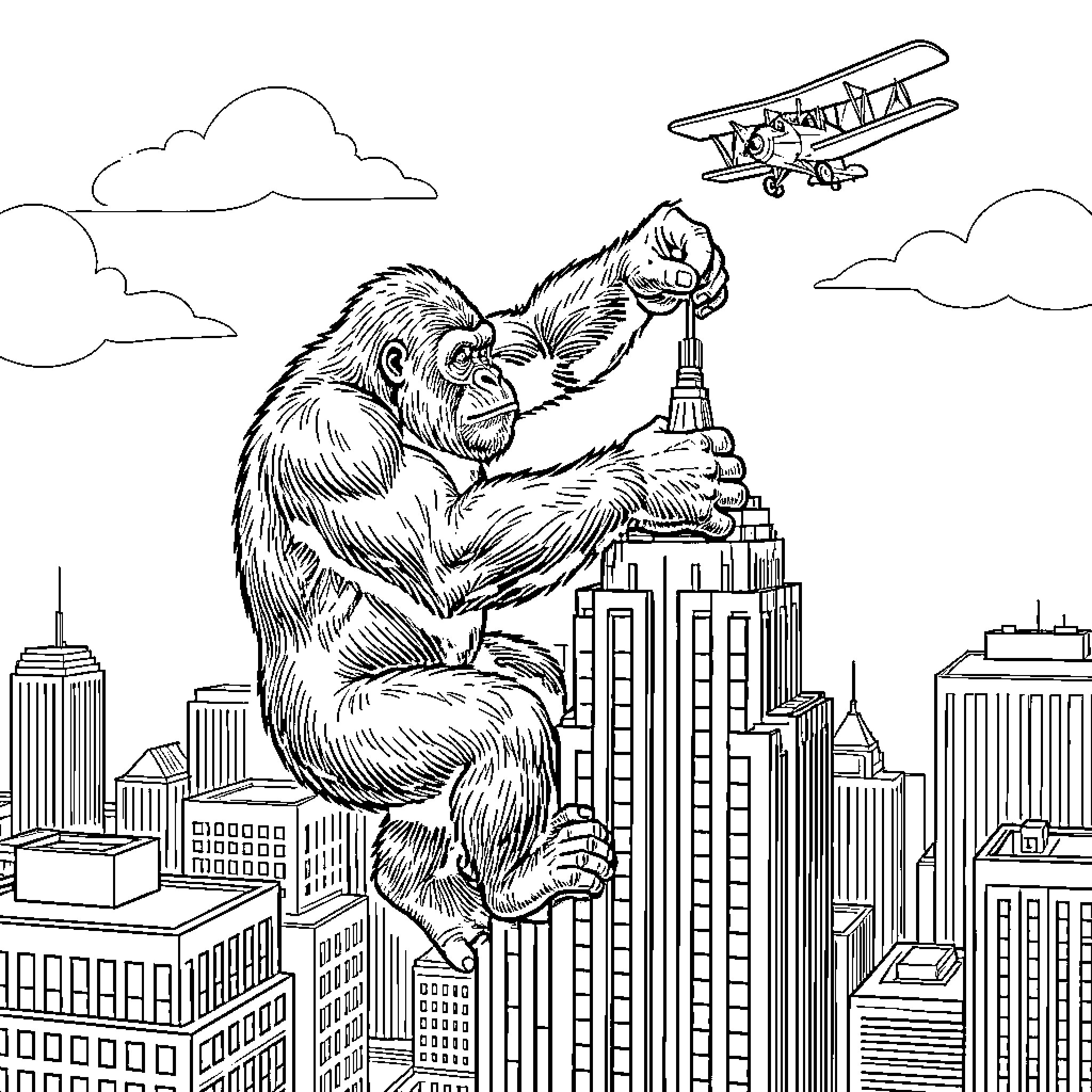 King Kong Climbs Skyscraper in City Skyline Coloring Page (free black-and-white line drawing printable PDF for all, from beginners to advanced learners, including children, teens, adults, and seniors)