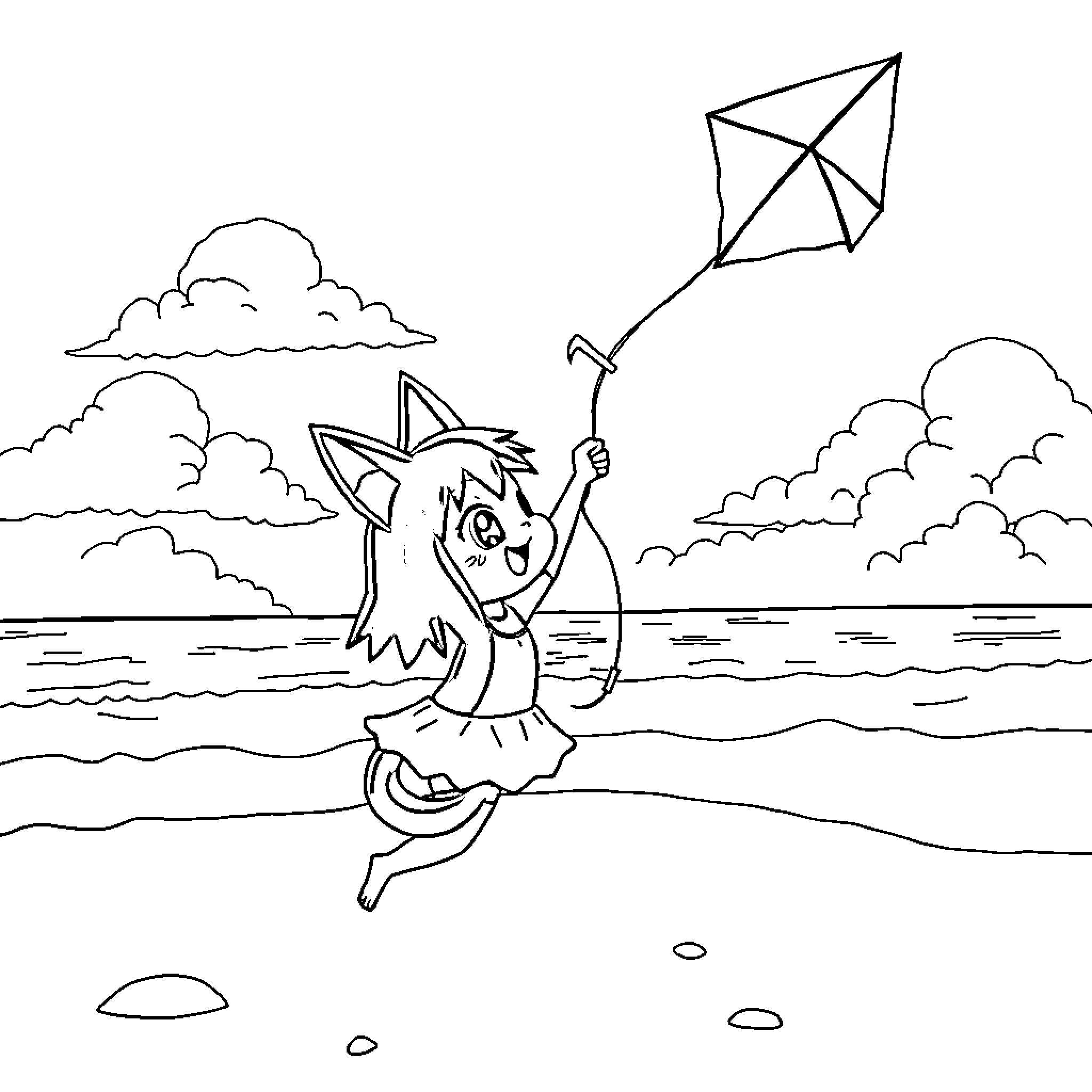 Kuromi playing with kite on the beach Coloring Page (free black-and-white line drawing printable PDF for all, from beginners to advanced learners, including children, teens, adults, and seniors)