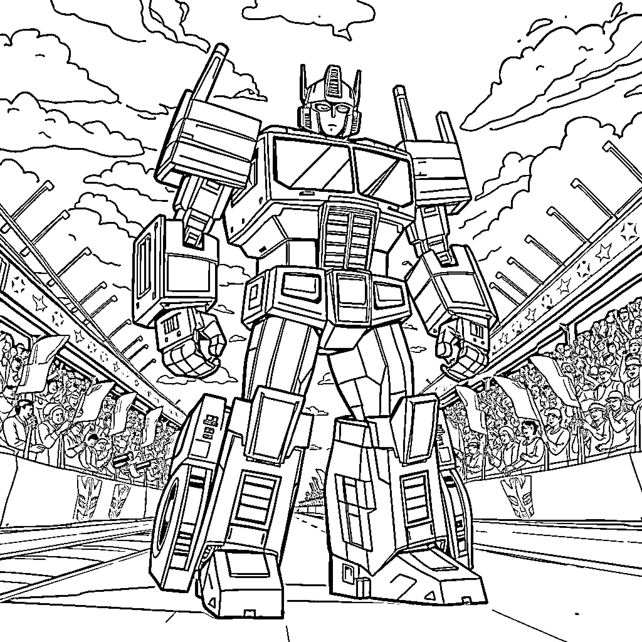 Optimus Prime leads an epic battle scene Coloring Page (free black-and-white line drawing printable PDF for all, from beginners to advanced learners, including children, teens, adults, and seniors)