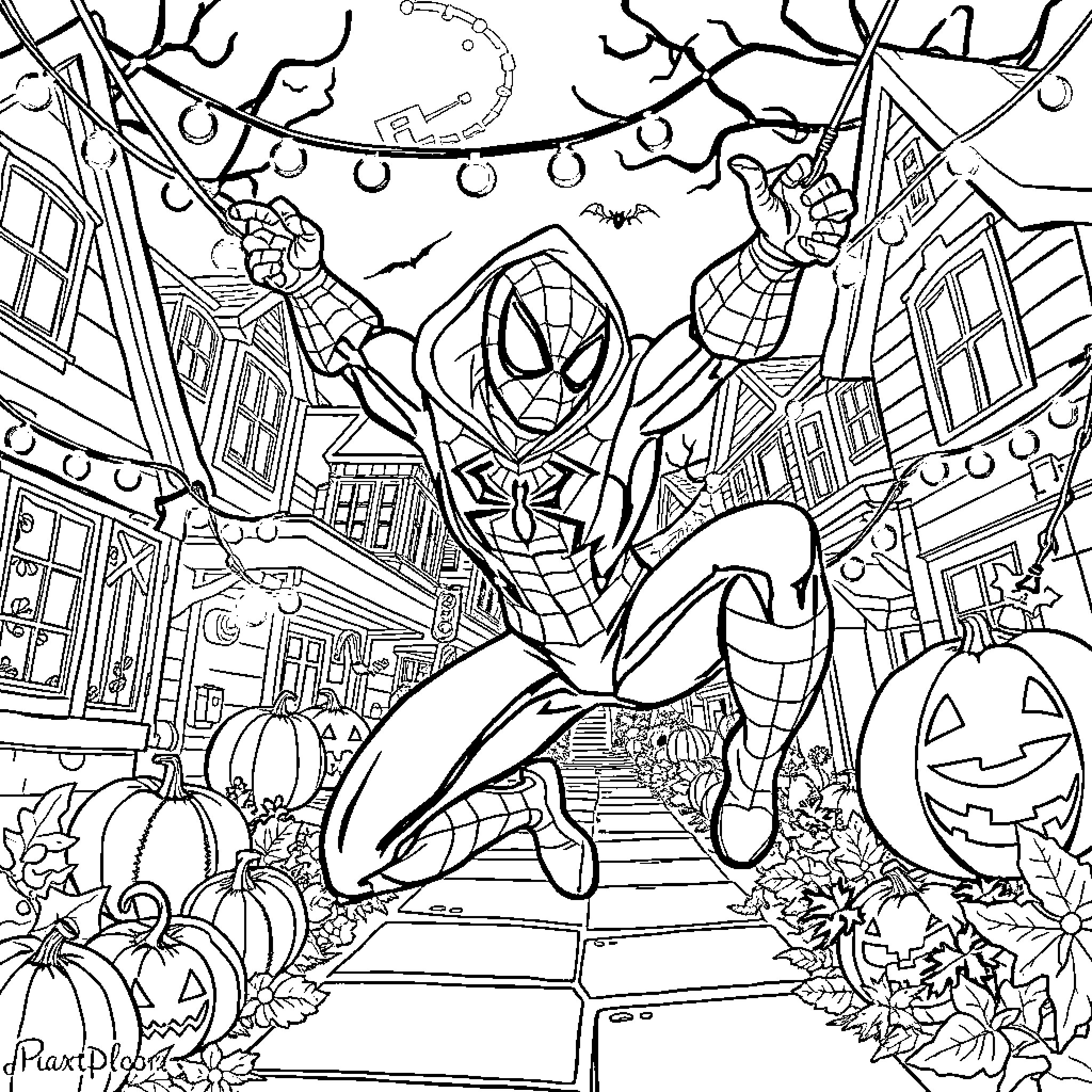 Spiderman swinging through a festive Halloween scene Coloring Page (free black-and-white line drawing printable PDF for all, from beginners to advanced learners, including children, teens, adults, and seniors)