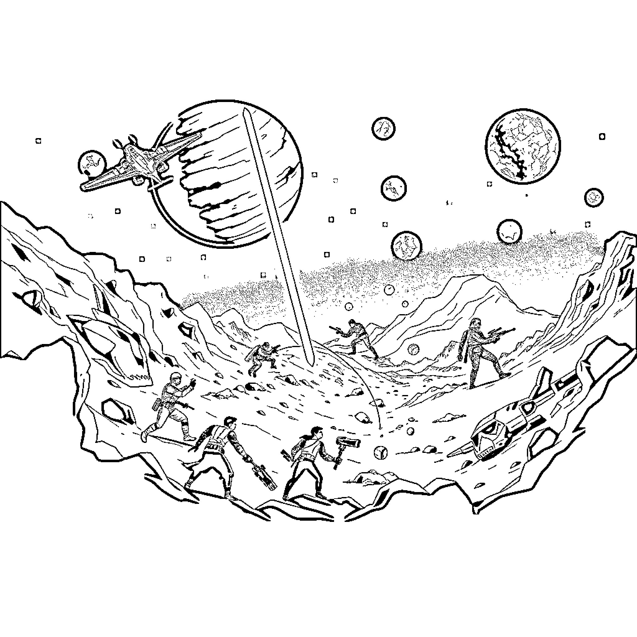 Star Wars characters in a cosmic battle on alien planet Coloring Page (free black-and-white line drawing printable PDF for all, from beginners to advanced learners, including children, teens, adults, and seniors)