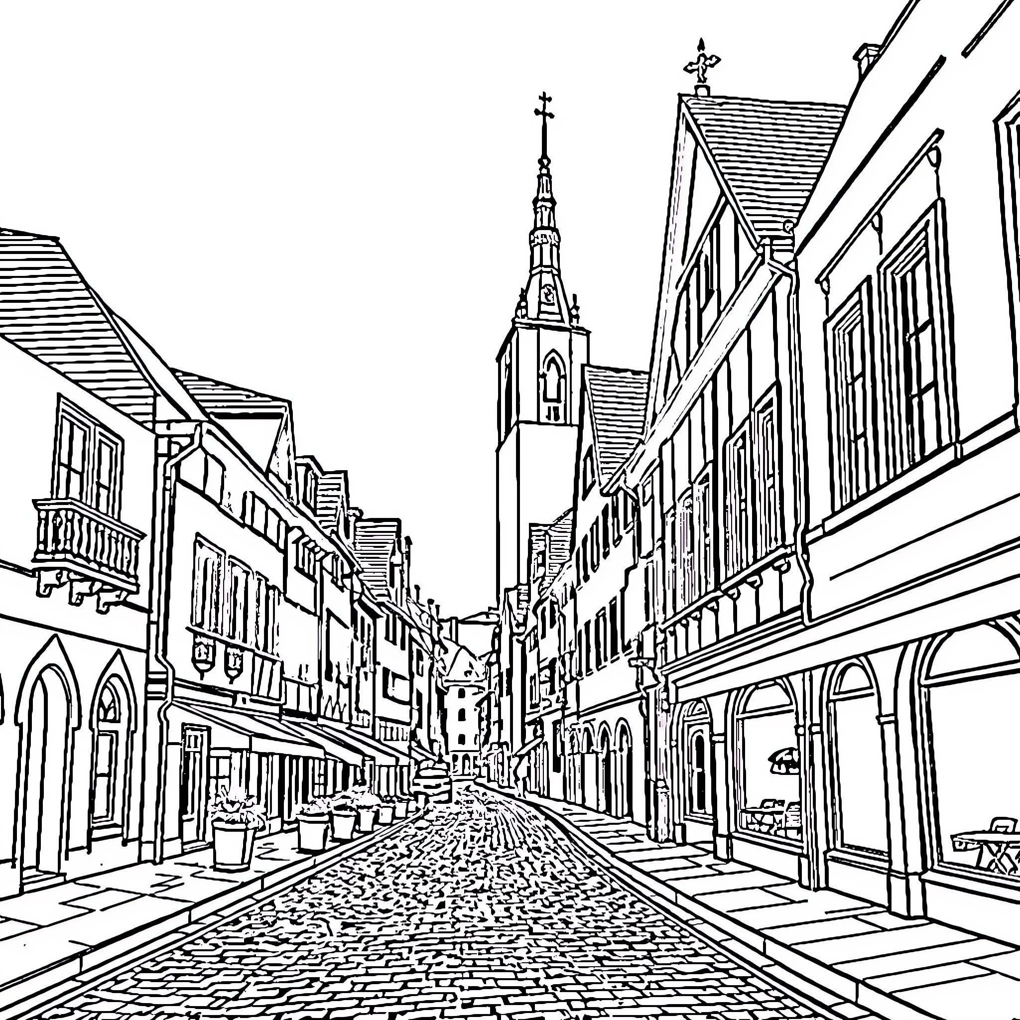 City street with historic architecture and cobblestone road Coloring Page (free black-and-white line drawing printable PDF for all, from beginners to advanced learners, including children, teens, adults, and seniors)