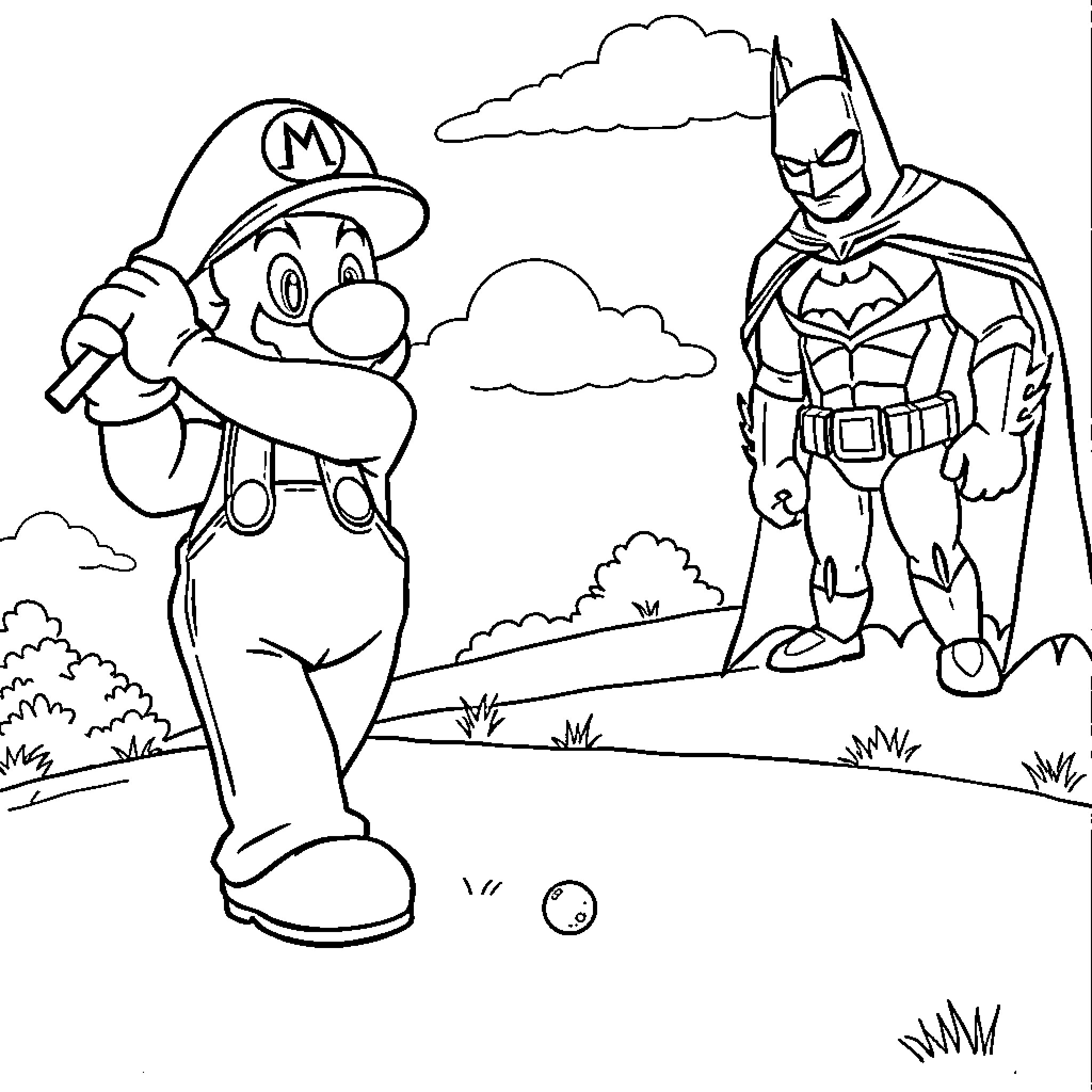 Mario and Batman in an outdoor adventure Coloring Page (free black-and-white line drawing printable PDF for all, from beginners to advanced learners, including children, teens, adults, and seniors)