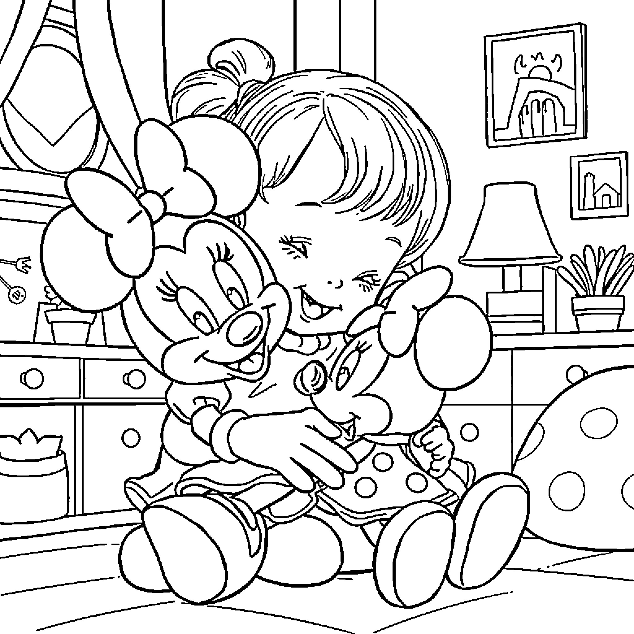 Girl playing happily with her toy Coloring Page (free black-and-white line drawing printable PDF for all, from beginners to advanced learners, including children, teens, adults, and seniors)