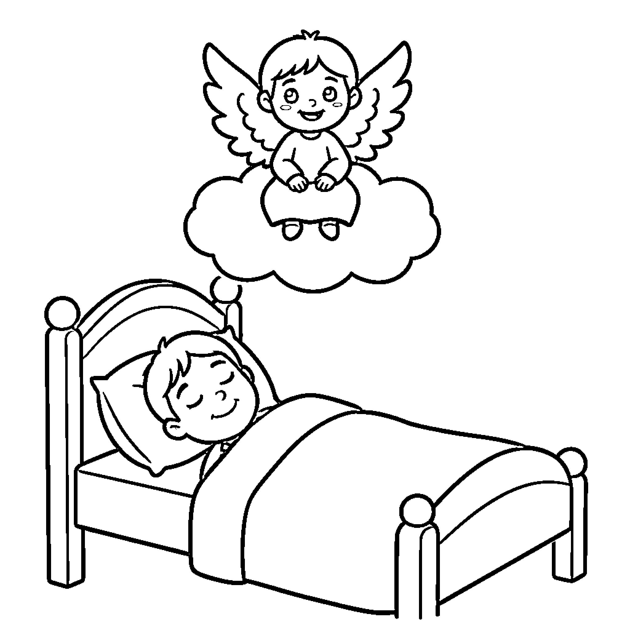 Angel watching over a child sleeping peacefully Coloring Page (free black-and-white line drawing printable PDF for all, from beginners to advanced learners, including children, teens, adults, and seniors)