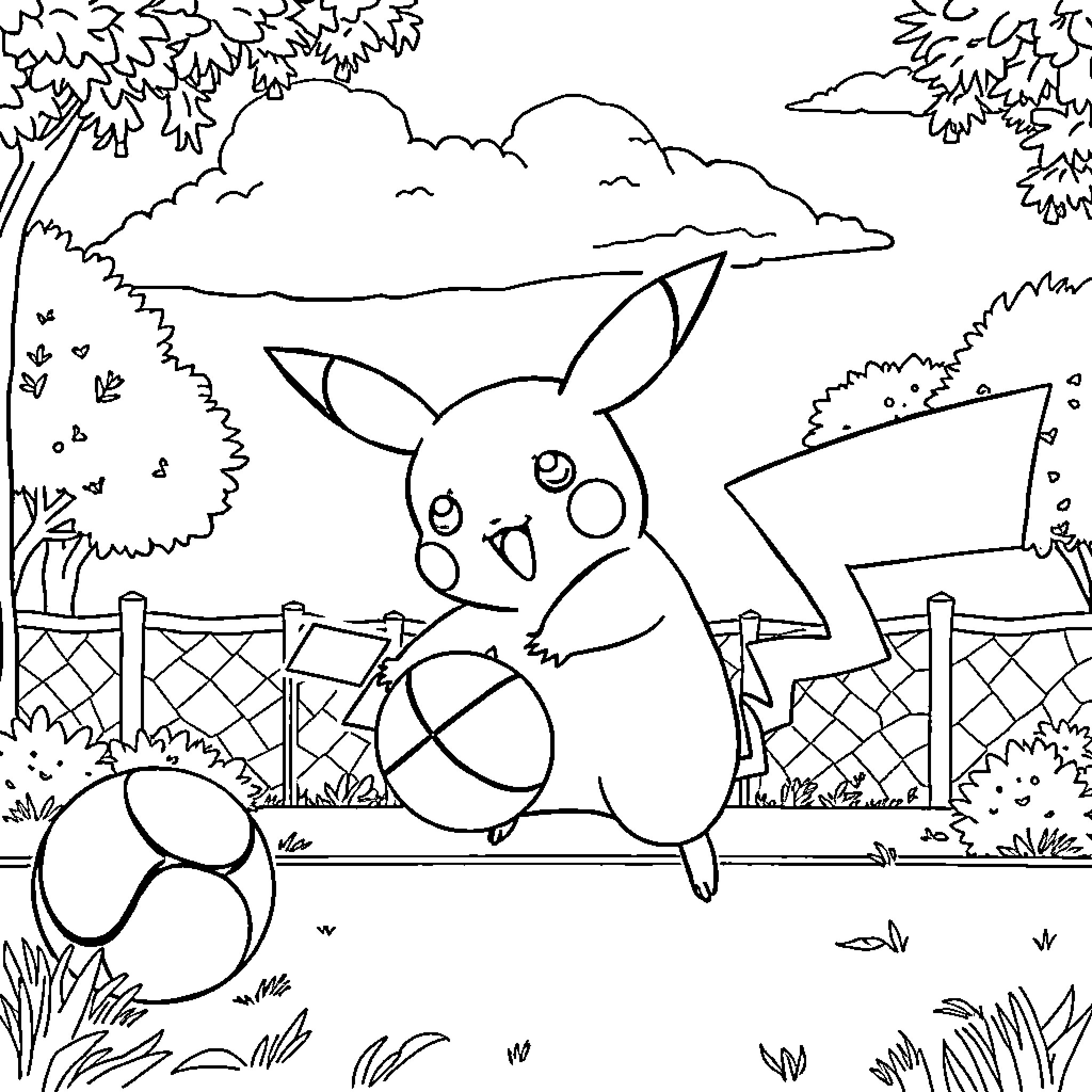 Pikachu playing joyfully in the park Coloring Page (free black-and-white line drawing printable PDF for all, from beginners to advanced learners, including children, teens, adults, and seniors)