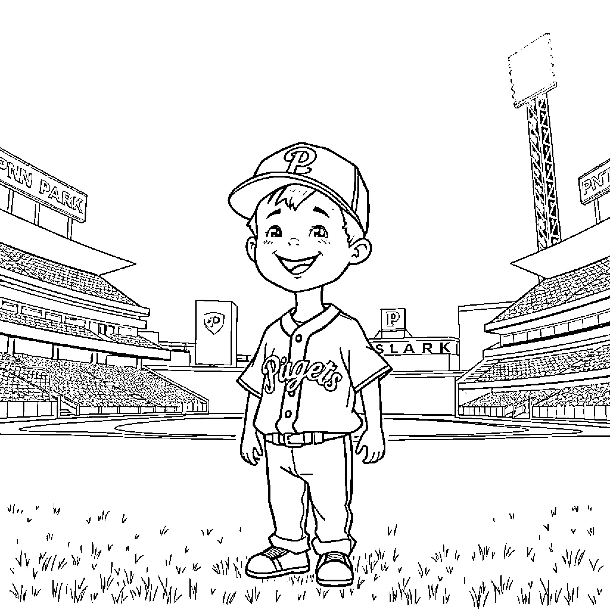 Baseball Player Smiling on the Field Coloring Page (free black-and-white line drawing printable PDF for all, from beginners to advanced learners, including children, teens, adults, and seniors)