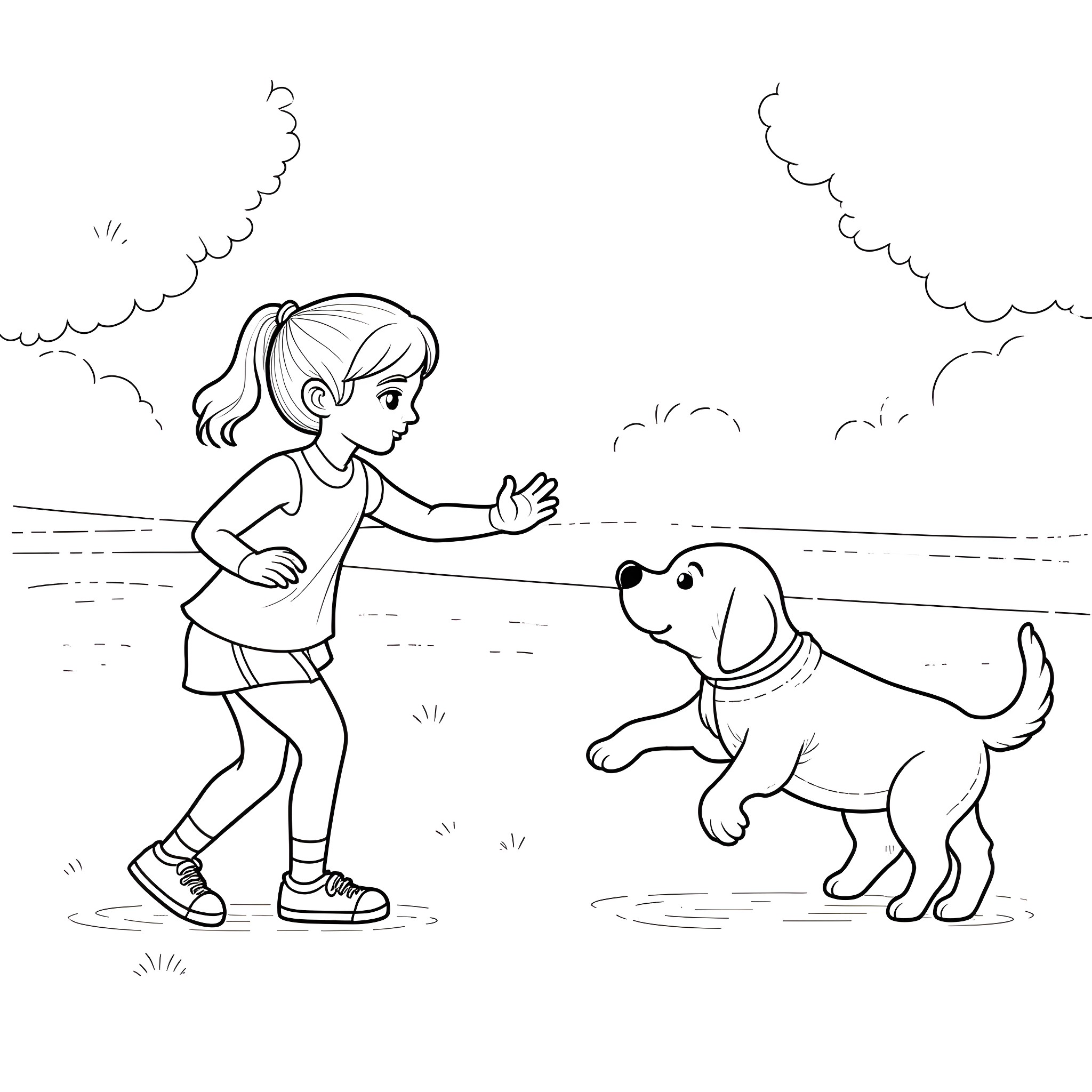 Girl playing with dog in the park Coloring Page (free black-and-white line drawing printable PDF for all, from beginners to advanced learners, including children, teens, adults, and seniors)