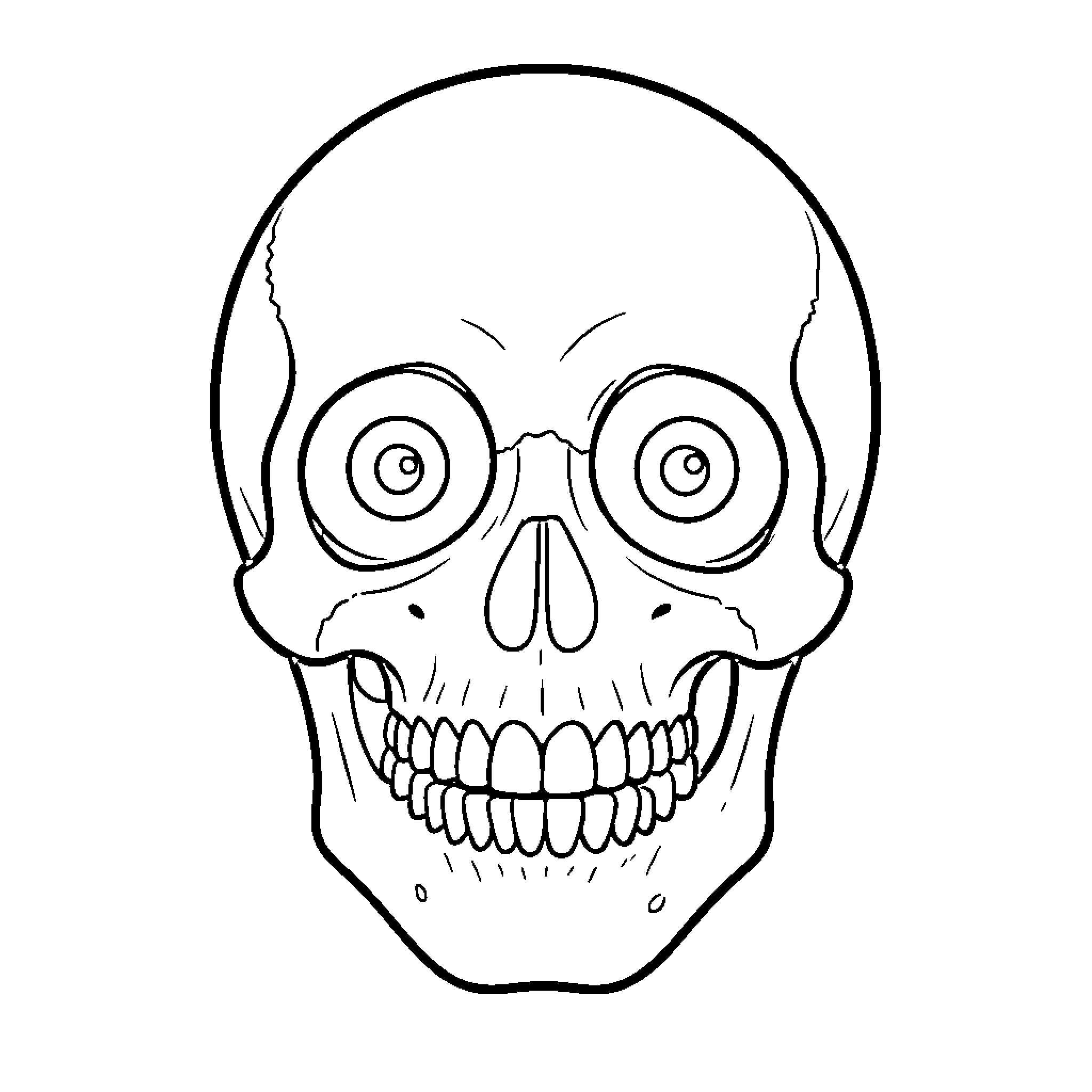Skull with wide eyes and a toothy grin Coloring Page (free black-and-white line drawing printable PDF for all, from beginners to advanced learners, including children, teens, adults, and seniors)