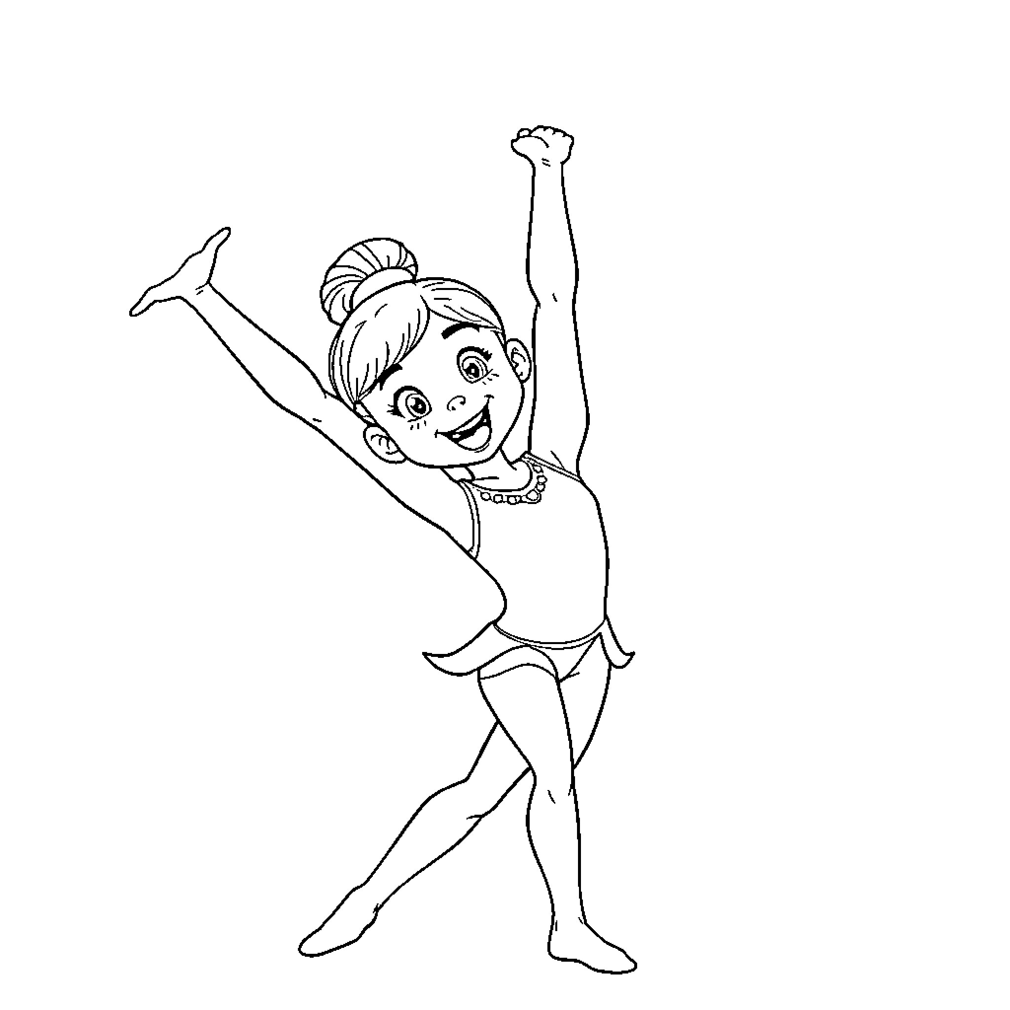 Zoë celebrating with uplifted arms Coloring Page (free black-and-white line drawing printable PDF for all, from beginners to advanced learners, including children, teens, adults, and seniors)