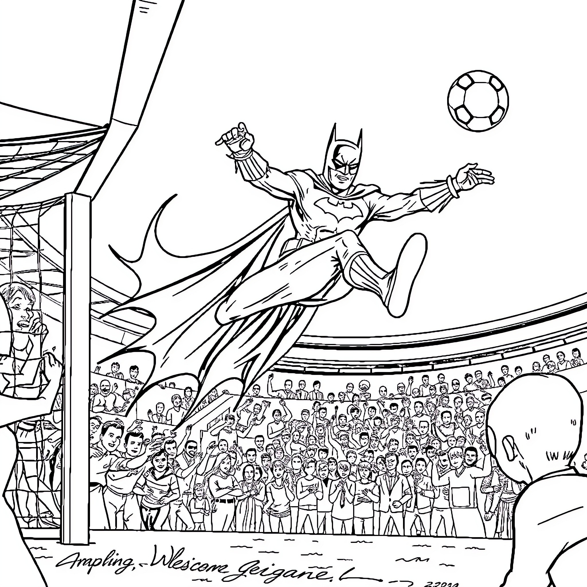 Batman heroically soaring over cheering crowd at stadium Coloring Page (free black-and-white line drawing printable PDF for all, from beginners to advanced learners, including children, teens, adults, and seniors)