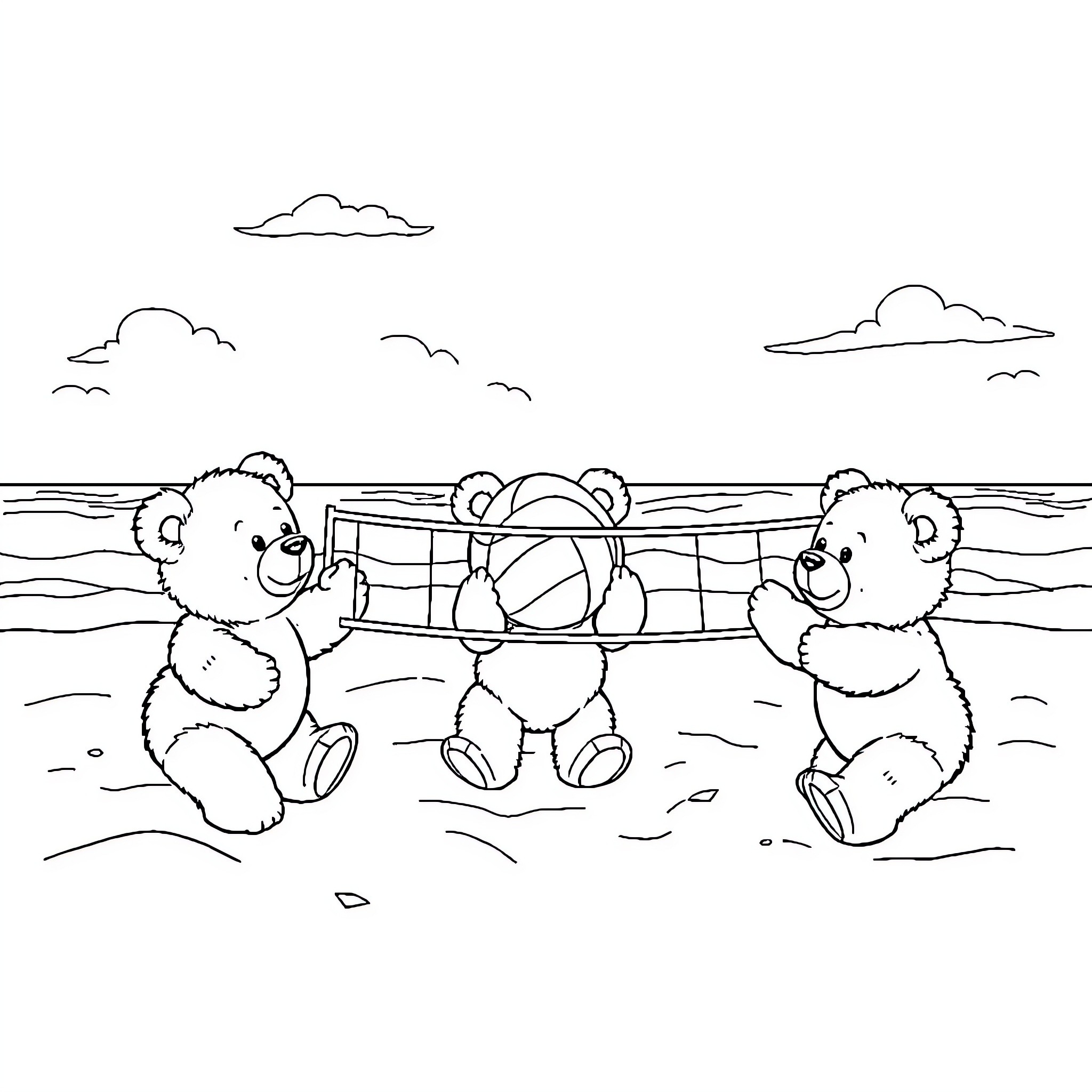 Teddy Bears playing on the beach Coloring Page (free black-and-white line drawing printable PDF for all, from beginners to advanced learners, including children, teens, adults, and seniors)