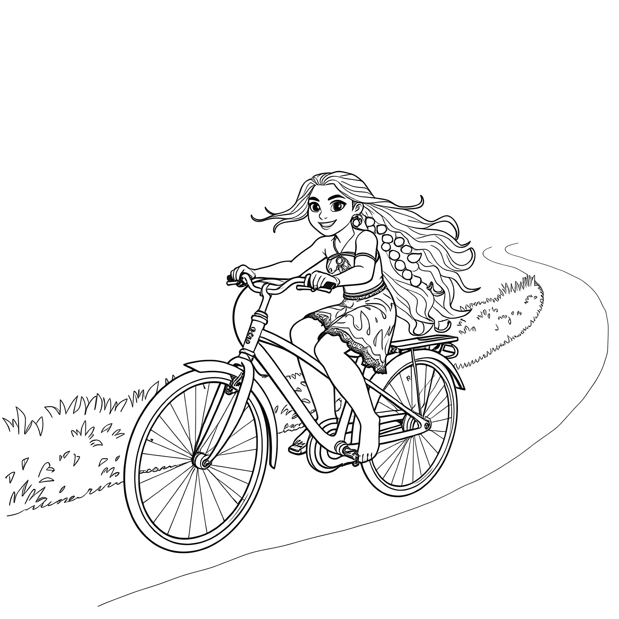 Moana riding a bicycle in a field Coloring Page (free black-and-white line drawing printable PDF for all, from beginners to advanced learners, including children, teens, adults, and seniors)