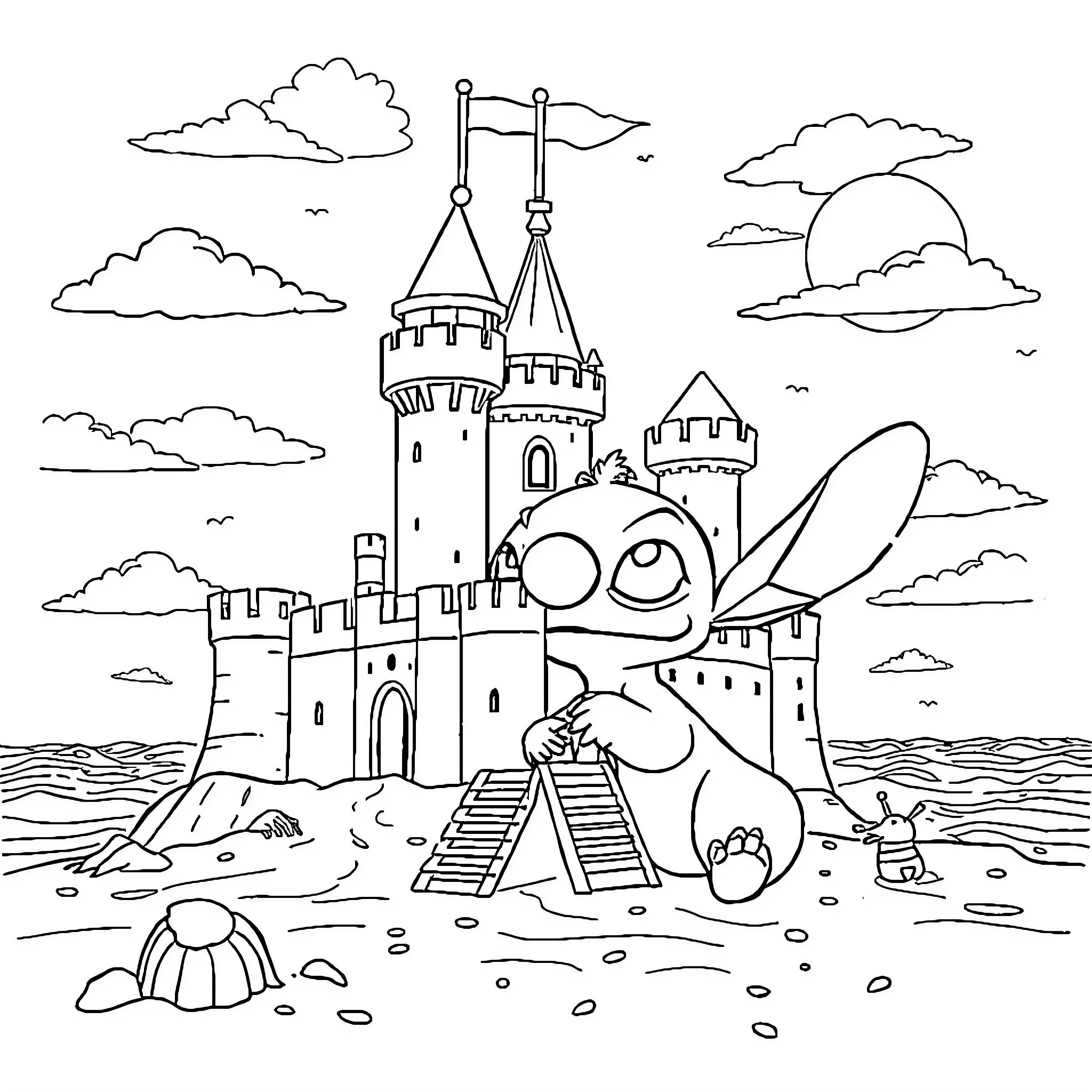 Stitch exploring the fantastical castle by the sea Coloring Page (free black-and-white line drawing printable PDF for all, from beginners to advanced learners, including children, teens, adults, and seniors)