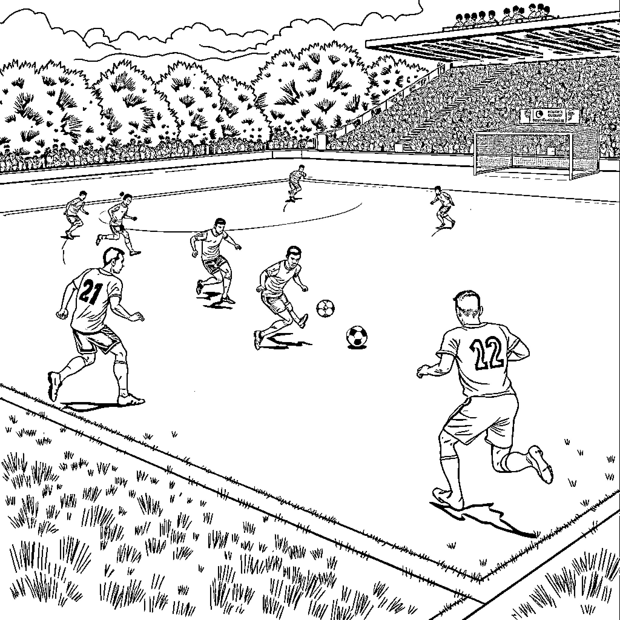 Soccer players competing in a stadium match Coloring Page (free black-and-white line drawing printable PDF for all, from beginners to advanced learners, including children, teens, adults, and seniors)