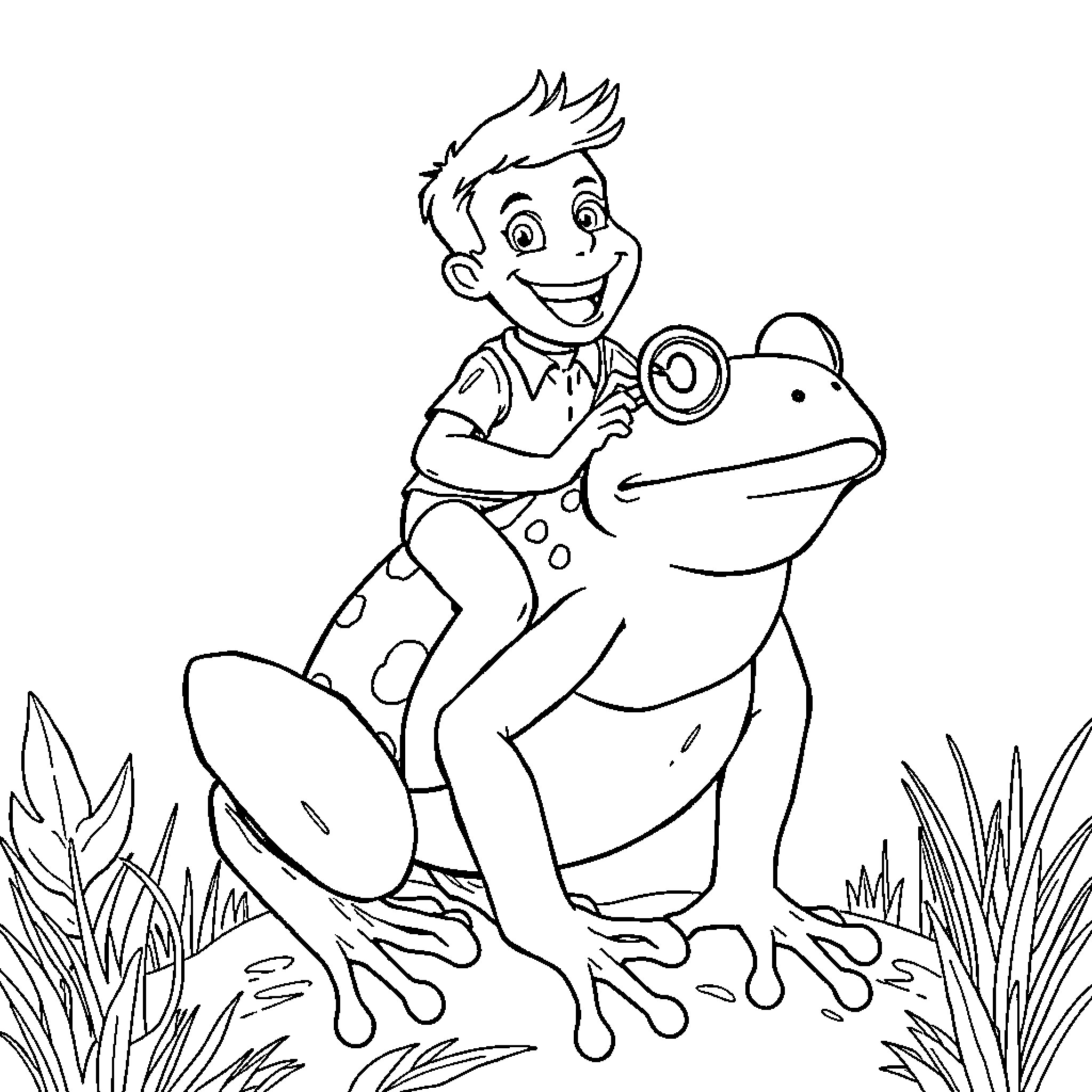 Cliff Richard explores nature with a friendly frog Coloring Page (free black-and-white line drawing printable PDF for all, from beginners to advanced learners, including children, teens, adults, and seniors)