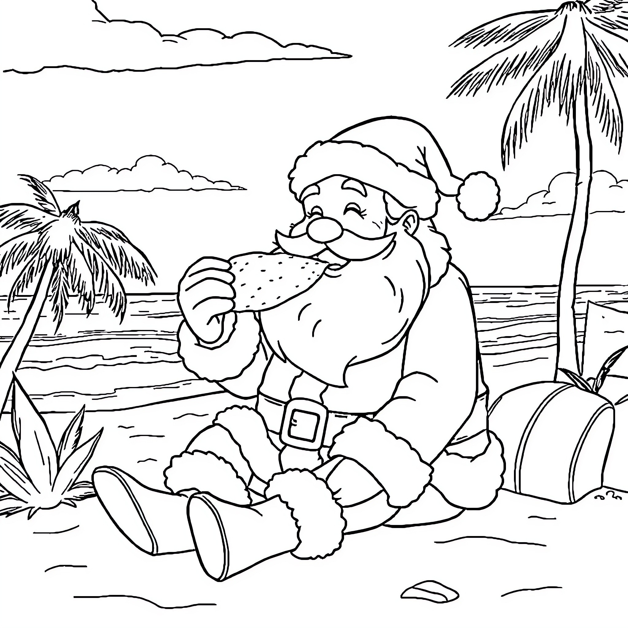 Santa relaxing on the beach Coloring Page (free black-and-white line drawing printable PDF for all, from beginners to advanced learners, including children, teens, adults, and seniors)