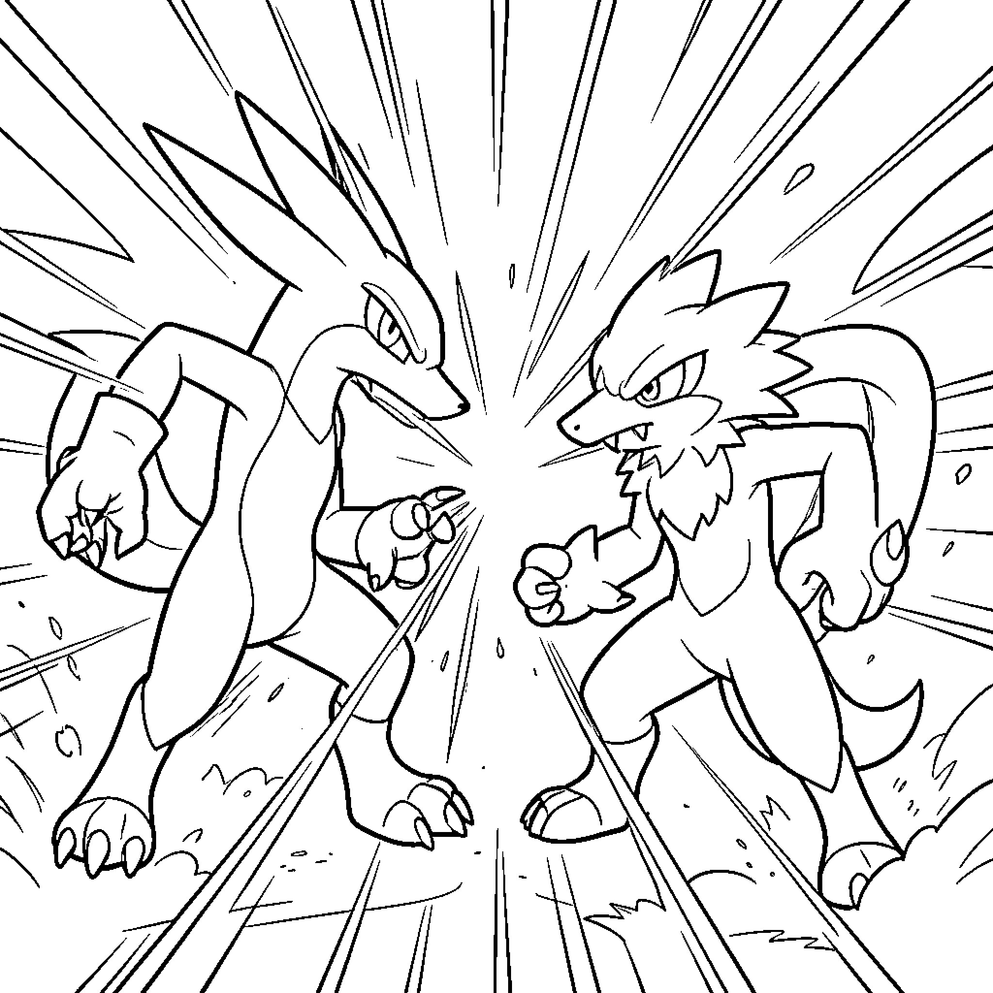 Lucario facing off against another creature in a battle Coloring Page (free black-and-white line drawing printable PDF for all, from beginners to advanced learners, including children, teens, adults, and seniors)