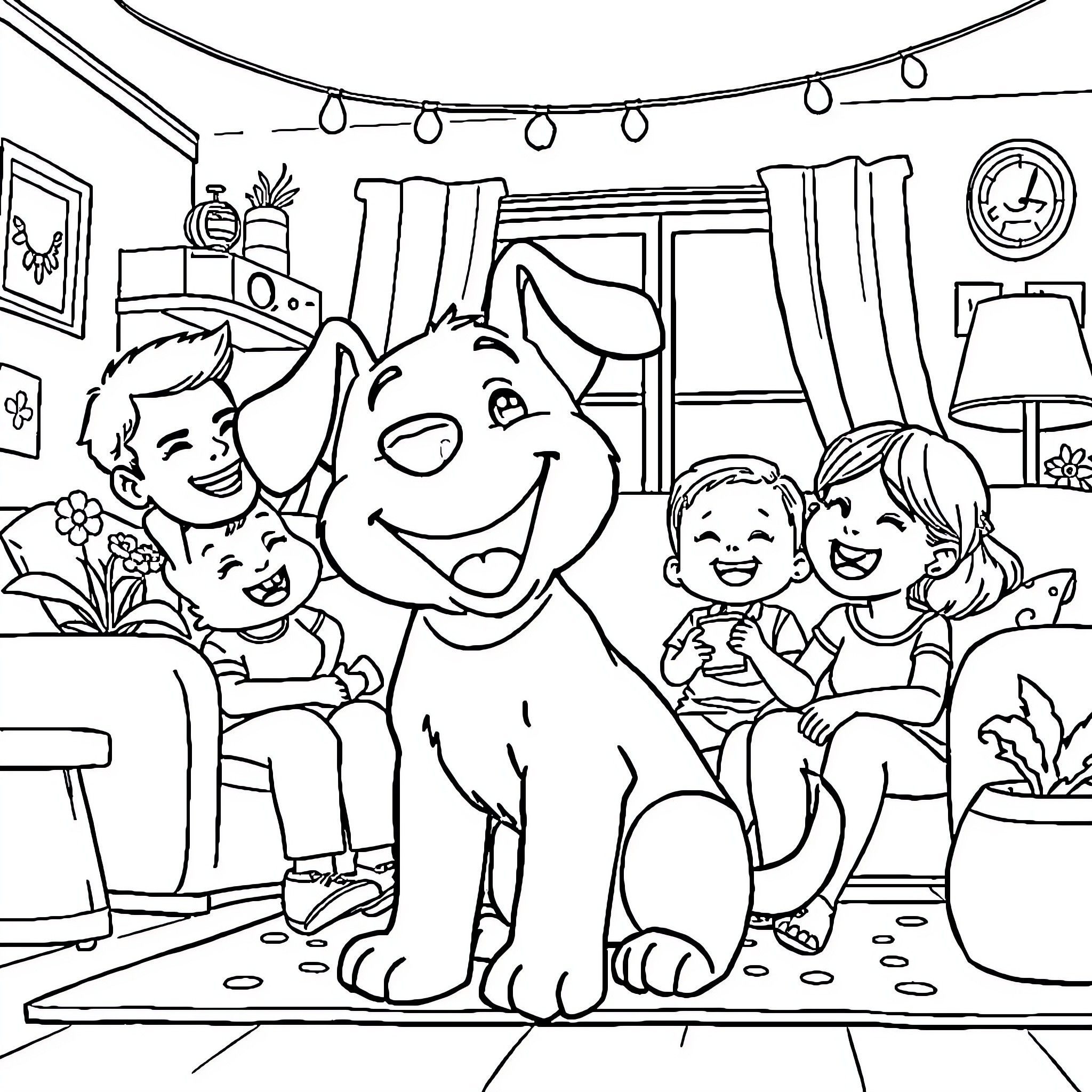 Bluey and family enjoying time together at home Coloring Page (free black-and-white line drawing printable PDF for all, from beginners to advanced learners, including children, teens, adults, and seniors)