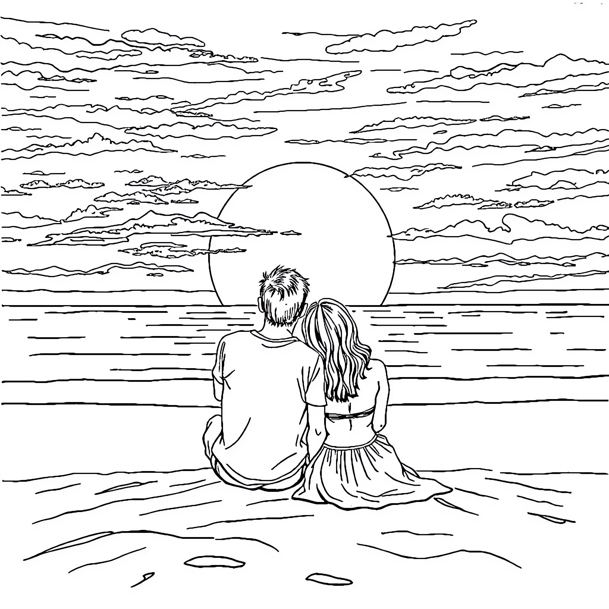 Couple sitting together at sunset by the sea Coloring Page (free black-and-white line drawing printable PDF for all, from beginners to advanced learners, including children, teens, adults, and seniors)