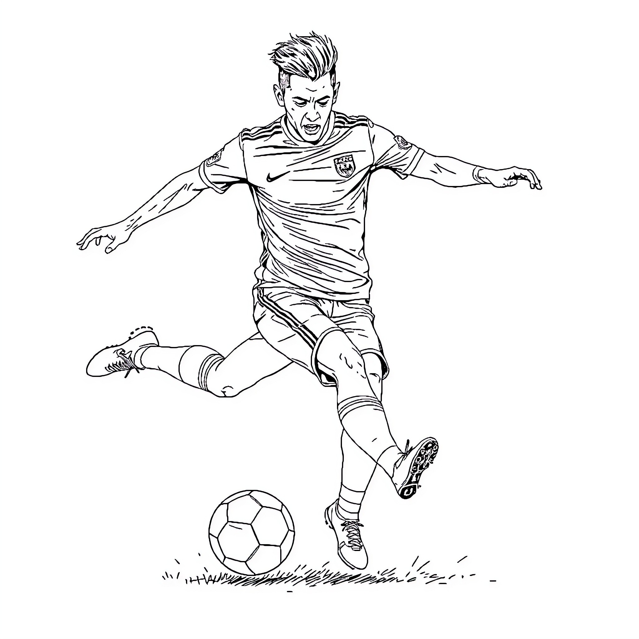 Neymar kicking a soccer ball on the field Coloring Page (free black-and-white line drawing printable PDF for all, from beginners to advanced learners, including children, teens, adults, and seniors)