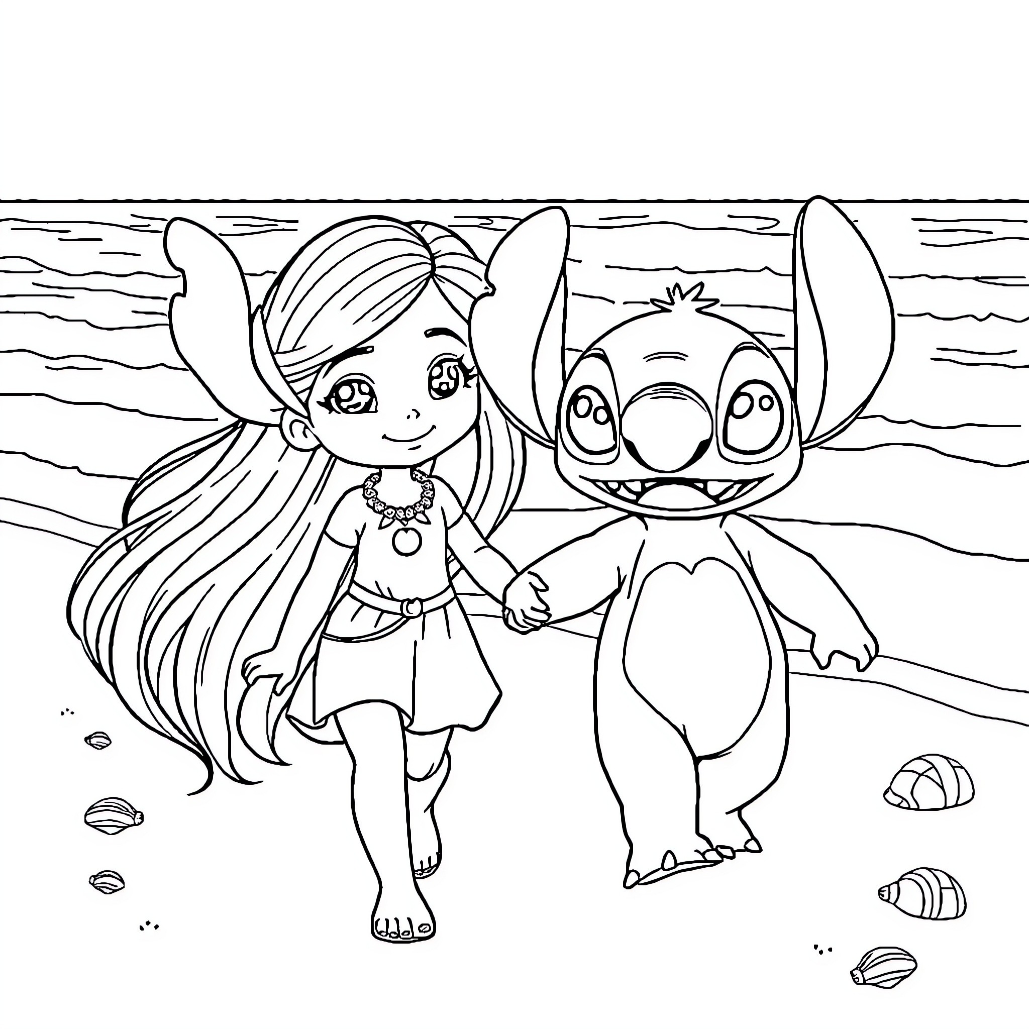Lilo and Stitch playing together at the beach Coloring Page (free black-and-white line drawing printable PDF for all, from beginners to advanced learners, including children, teens, adults, and seniors)