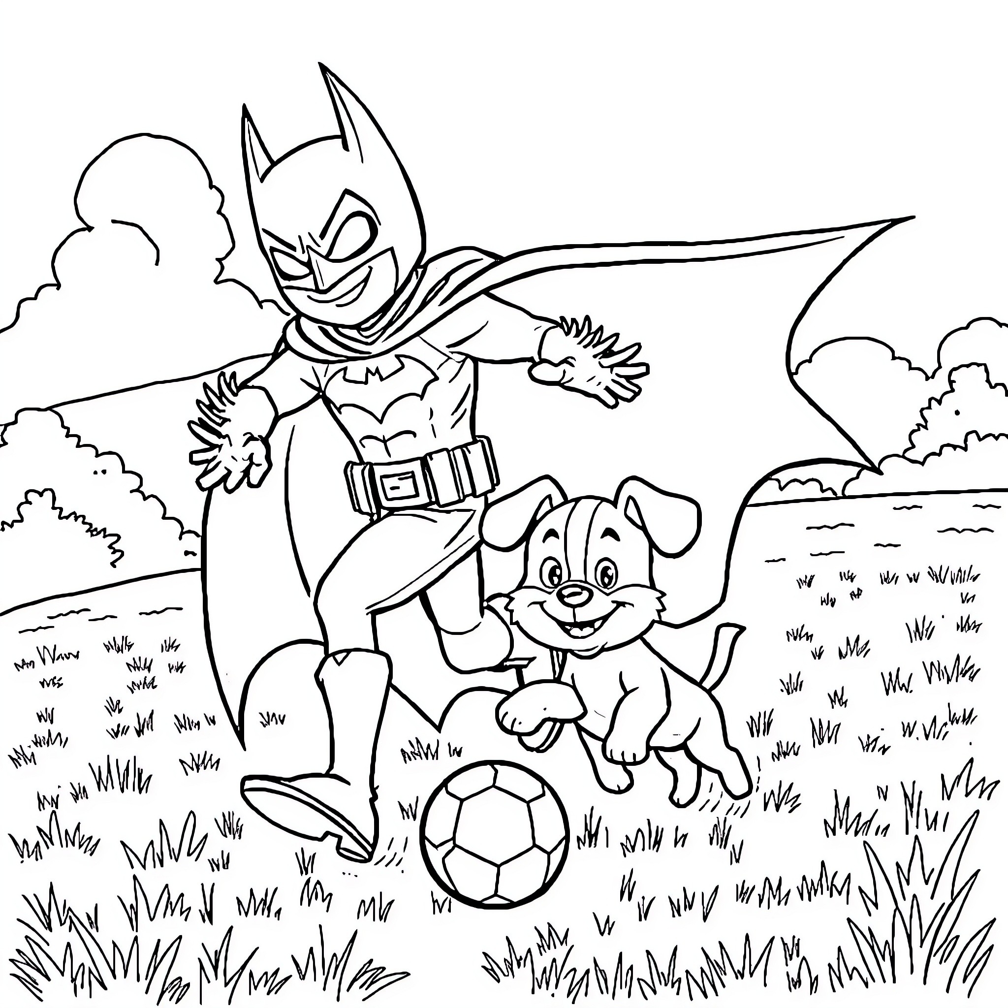 Batman Chasing a Playful Puppy in the Park Coloring Page (free black-and-white line drawing printable PDF for all, from beginners to advanced learners, including children, teens, adults, and seniors)