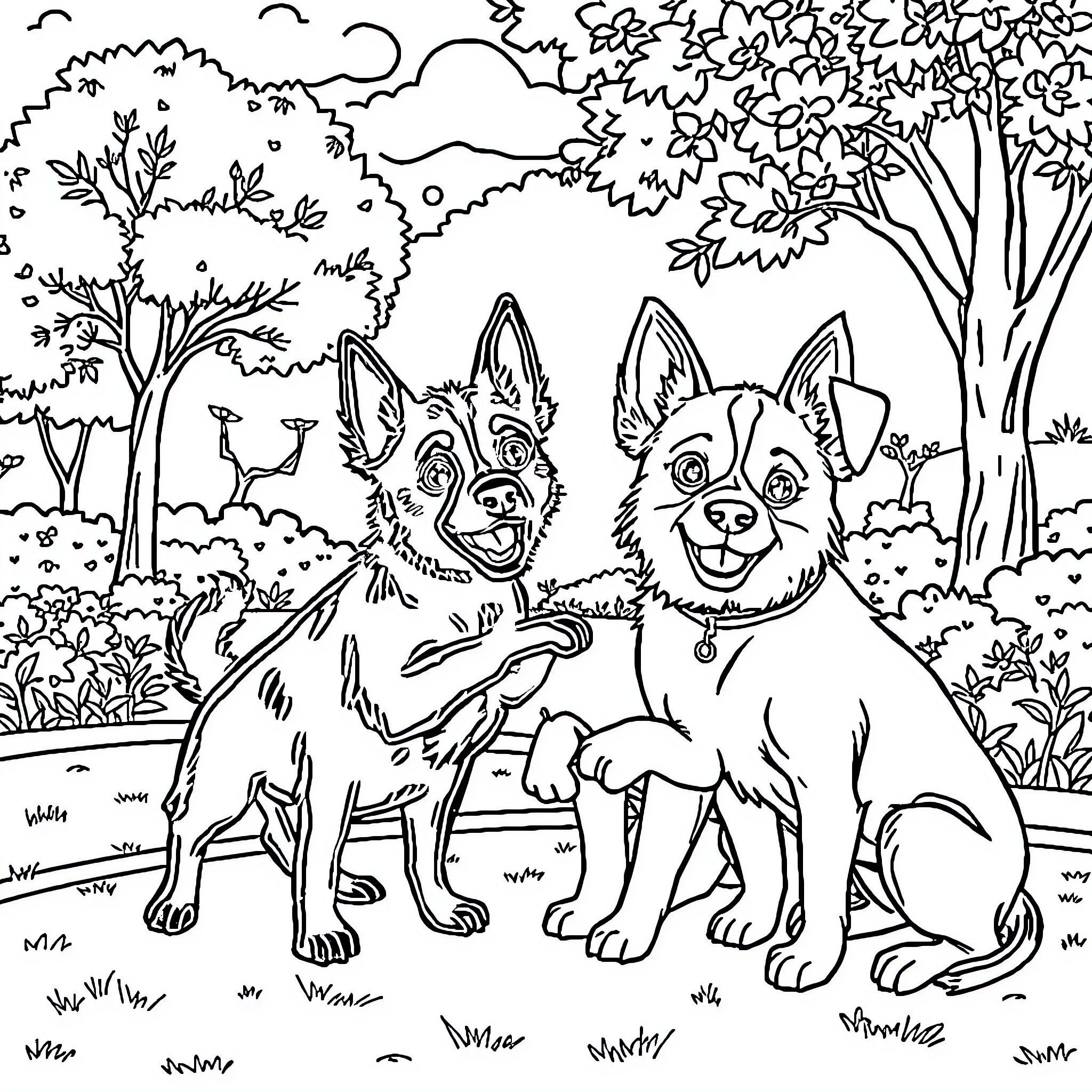 Perrito playing happily in the park Coloring Page (free black-and-white line drawing printable PDF for all, from beginners to advanced learners, including children, teens, adults, and seniors)