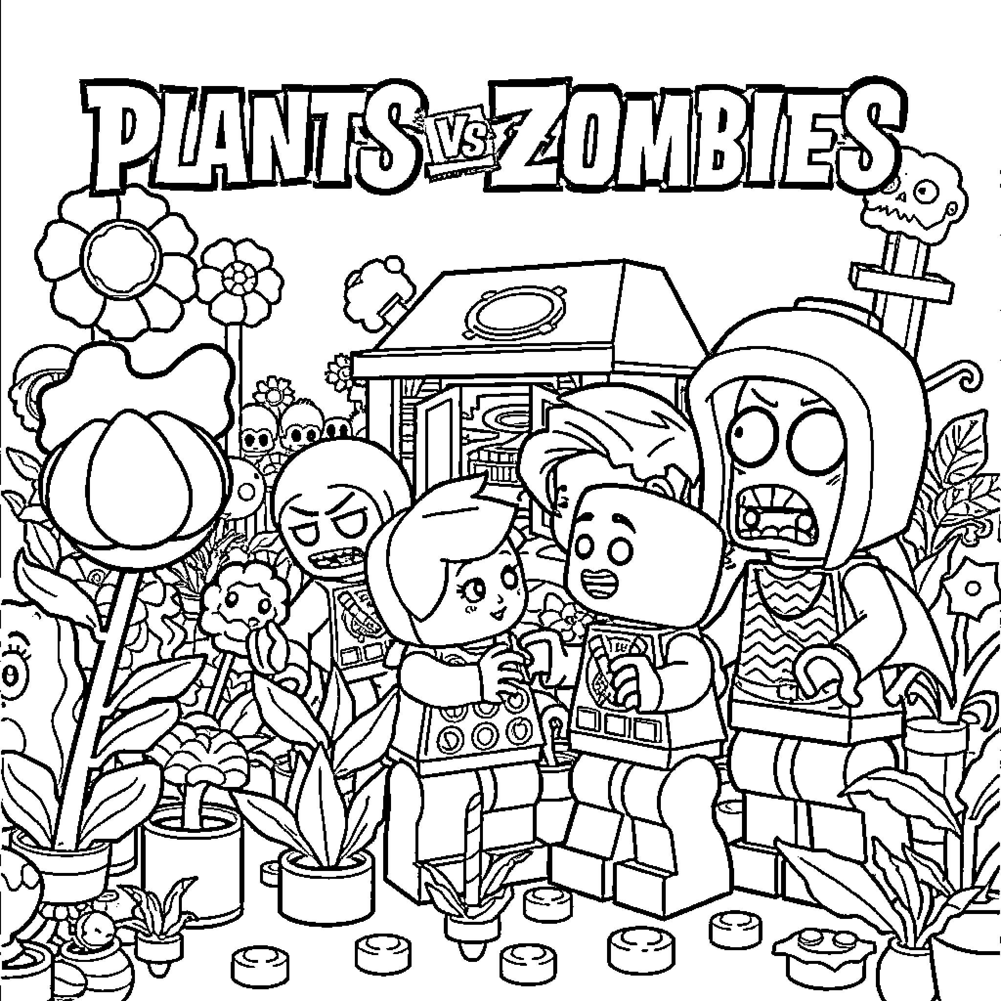 Lego Plants vs Zombies characters in action Coloring Page (free black-and-white line drawing printable PDF for all, from beginners to advanced learners, including children, teens, adults, and seniors)