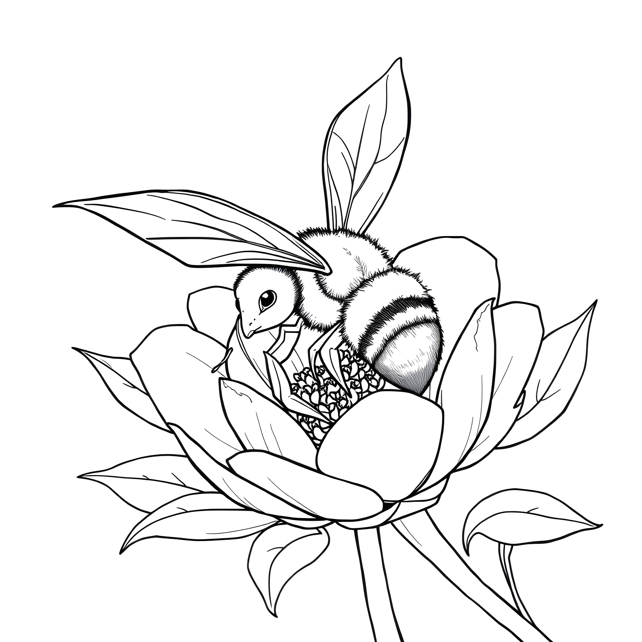 Dragon-like Bee Nestled in Floral Bloom Coloring Page (free black-and-white line drawing printable PDF for all, from beginners to advanced learners, including children, teens, adults, and seniors)
