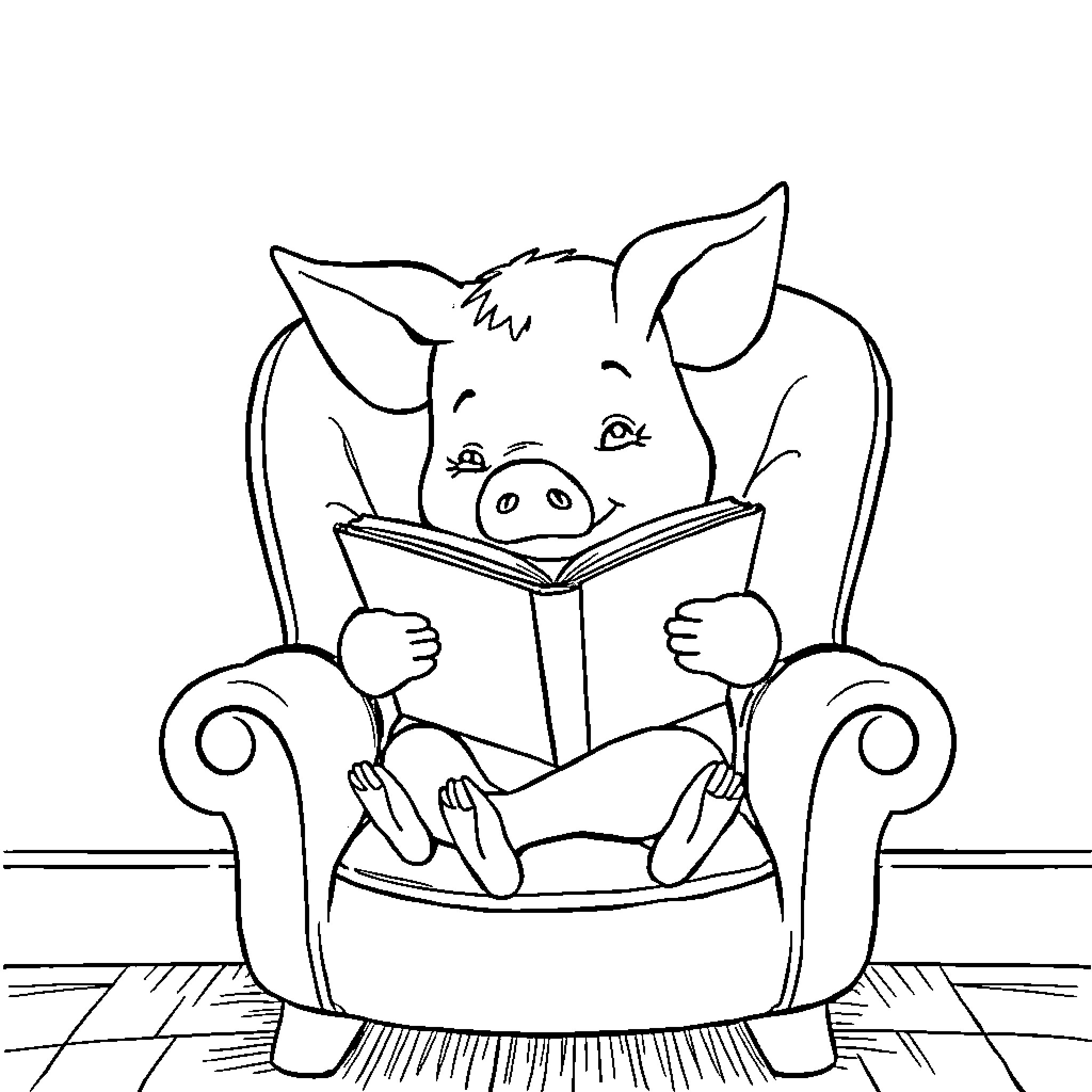 Pig reading a book in a chair Coloring Page (free black-and-white line drawing printable PDF for all, from beginners to advanced learners, including children, teens, adults, and seniors)