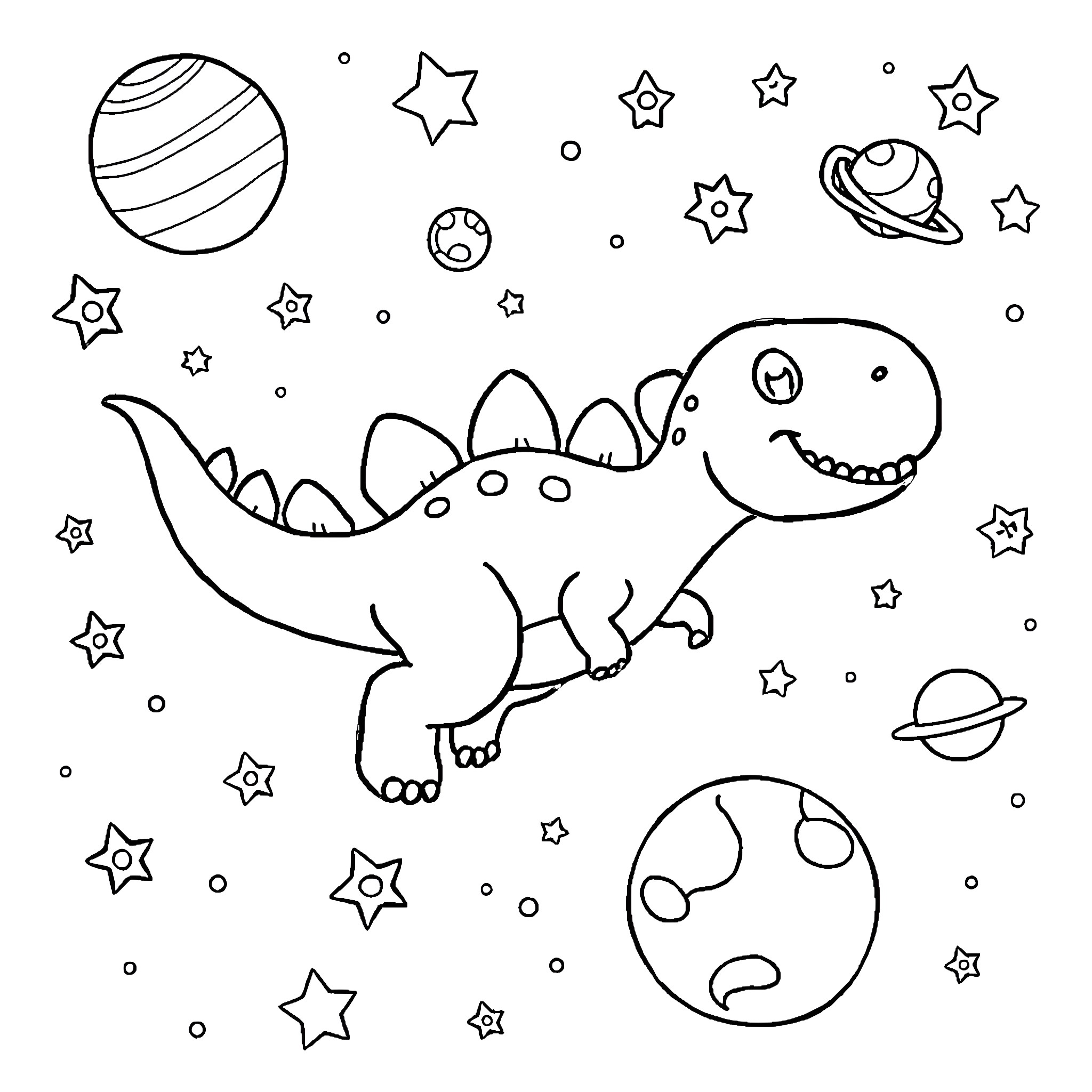 Dinosaur exploring the galaxy among stars Coloring Page (free black-and-white line drawing printable PDF for all, from beginners to advanced learners, including children, teens, adults, and seniors)