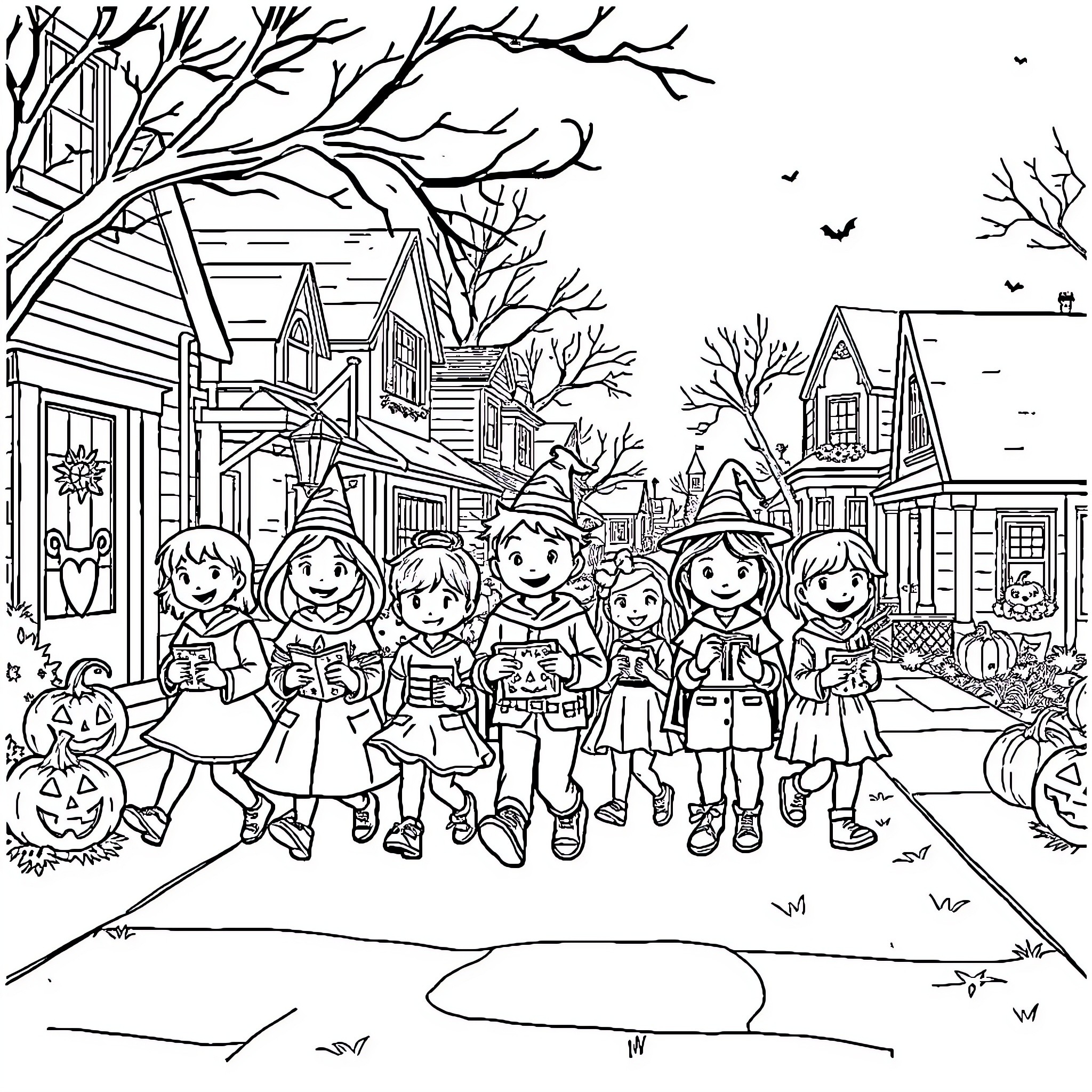 Trick or Treaters Roaming the Neighborhood on Halloween Coloring Page (free black-and-white line drawing printable PDF for all, from beginners to advanced learners, including children, teens, adults, and seniors)