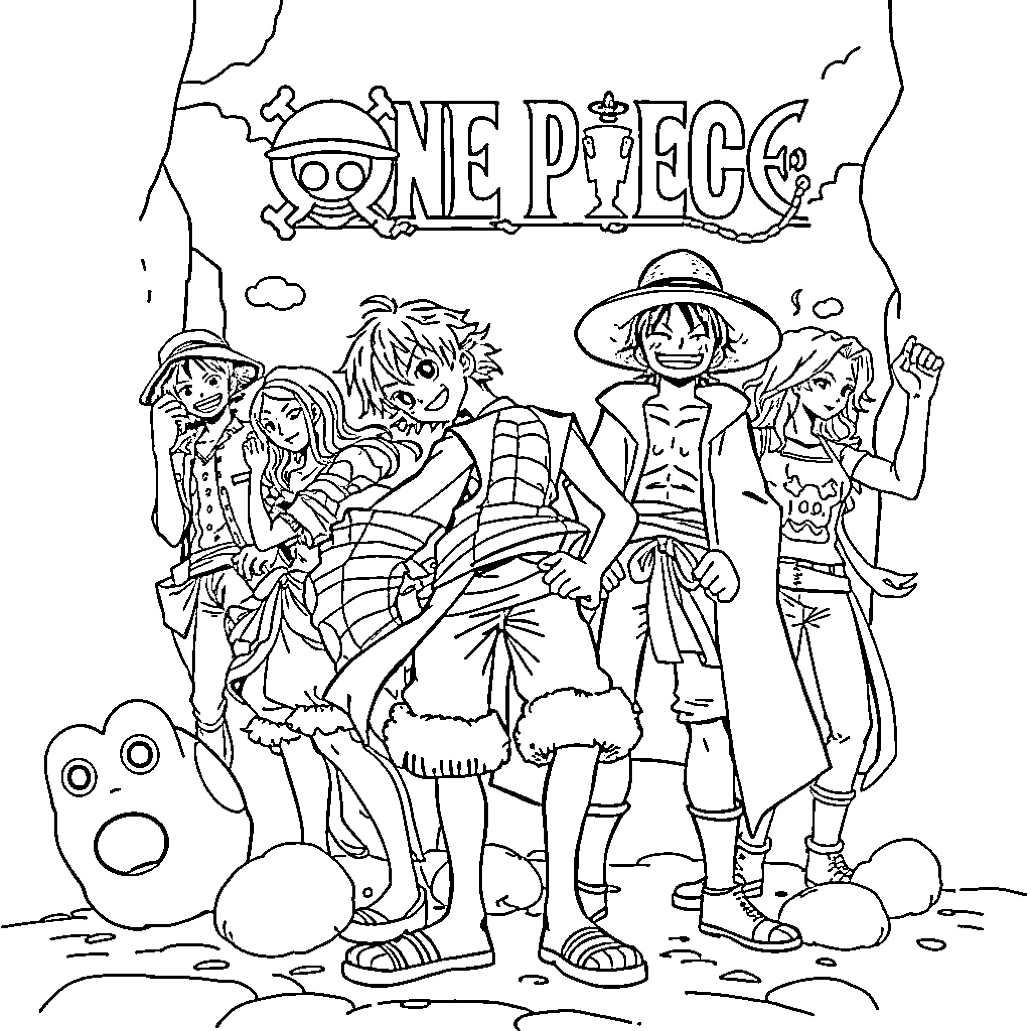 One Piece Straw Hat Crew's Adventurous Journey Coloring Page (free black-and-white line drawing printable PDF for all, from beginners to advanced learners, including children, teens, adults, and seniors)